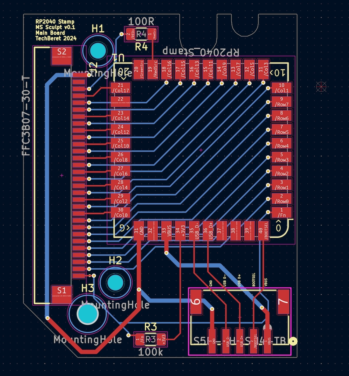 KiCad's pcb viewer with the PCB containing the Stamp, a ribbon connector and a JST connector.