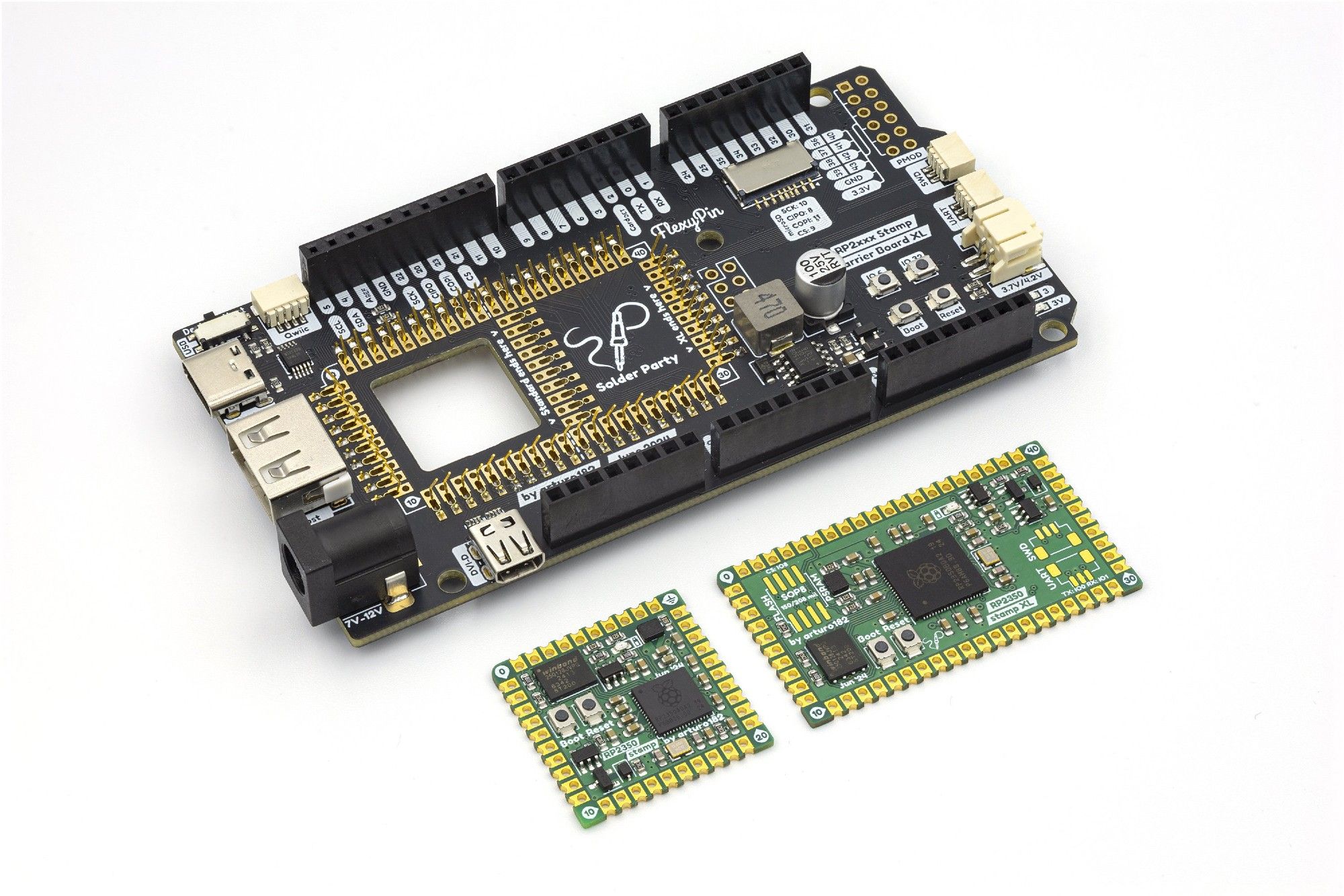 A set of three PCBs, one is a small rectangular one, the RP2350 Stamp, and another is a bit larger, the RP2350 Stamp XL. The last one is a Due/Mega form-factor and footprints for the Stamps to be installed. It also contains a large amount of various connectors, including USB Host and Device, microSD, HDMI-shaped one, Qwiic, LiPo, DC Jack.