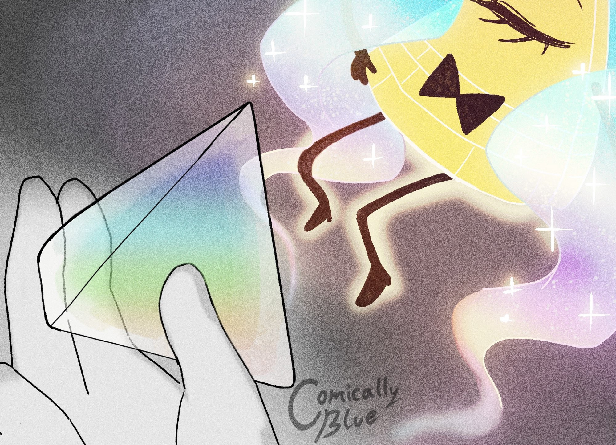 Ford’s hand holding rainbow prism close-up, dreamy look of Bill with his comet coat at the right.