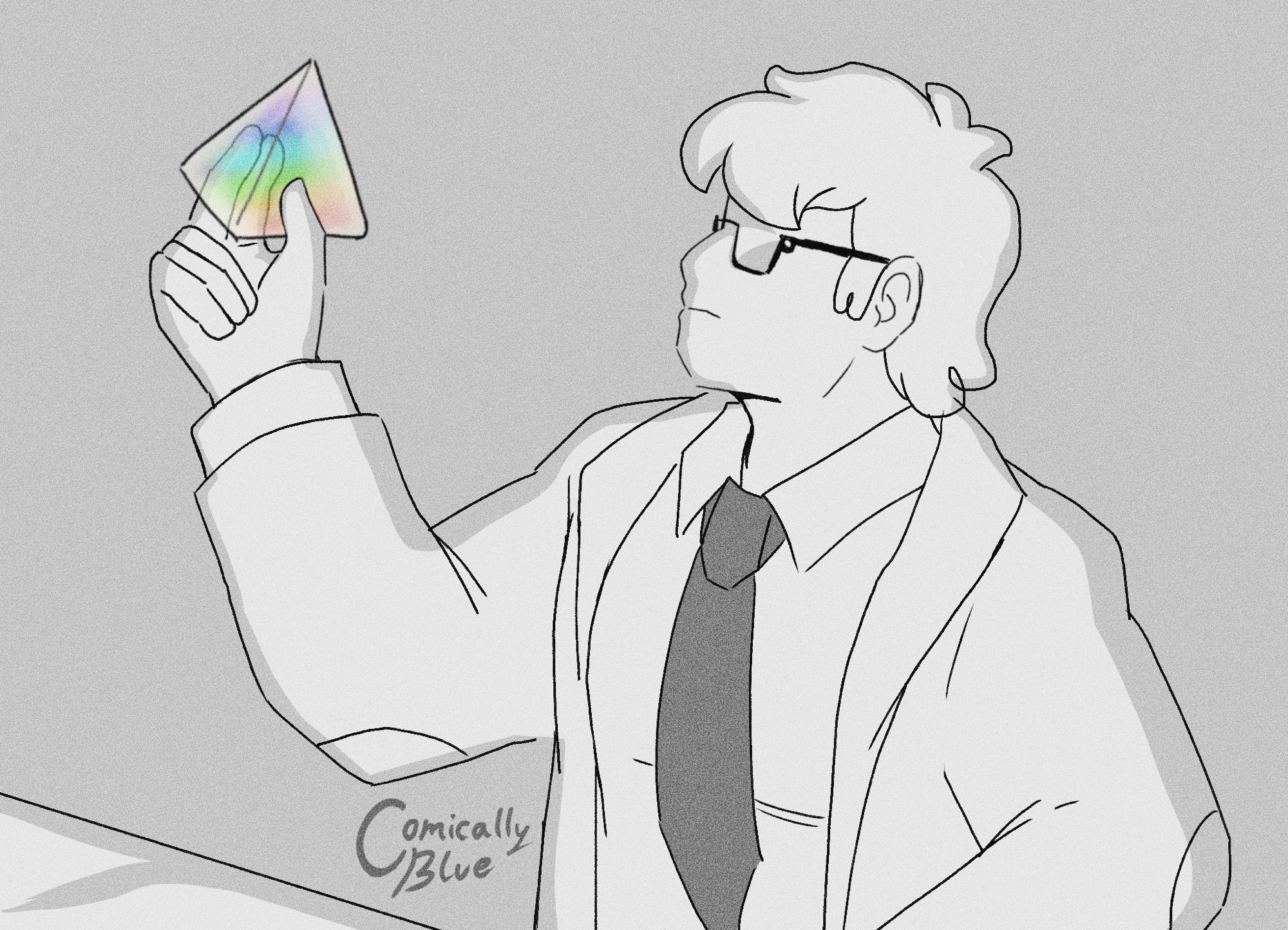 Ford looking at a rainbow prism up in his hand as he held onto a desk. 