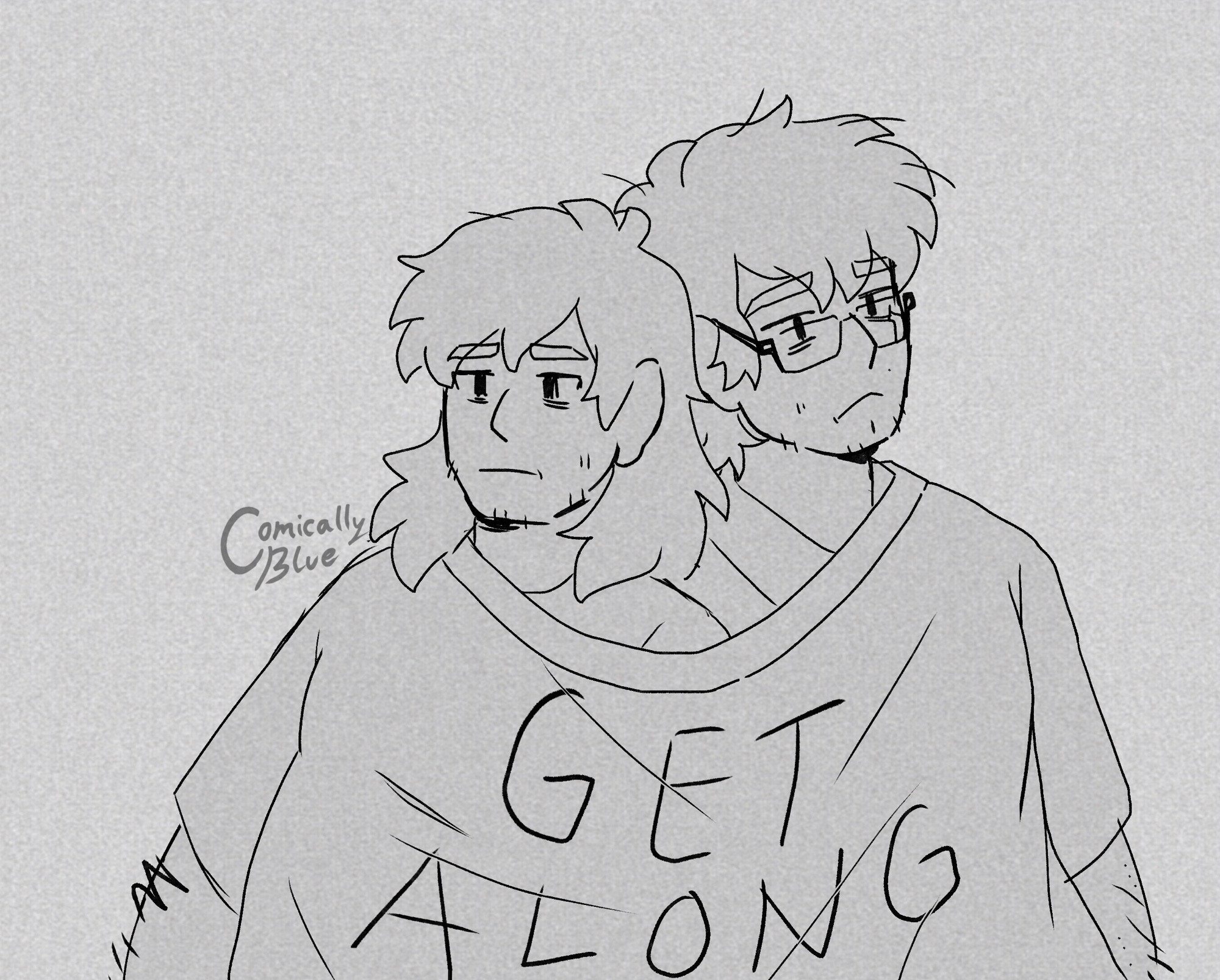 Mullet Stan & Ford nestled together in a giant ah “Get Along” shirt