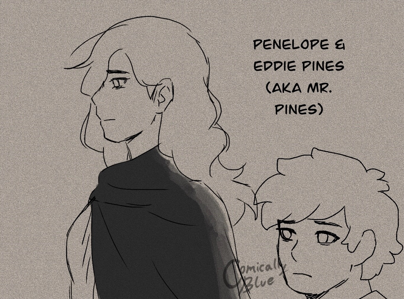 Penelope wearing a mourning black shawl while teen Eddie is next to her. They have doubting yet sad faces. 