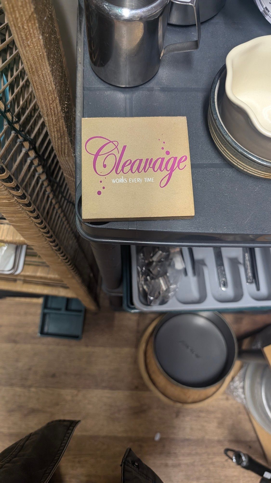 Object spotted in the Wigtown Community Shop.
Small, square, golden in colour with the words "Cleavage works every time"