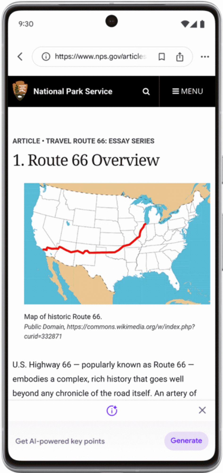 Screenshot of Google app browsing the National Park Service website with an overview of Route 66. At the bottom of the window, shows SGE while Browsing, a feature that uses generative AI to show key points.