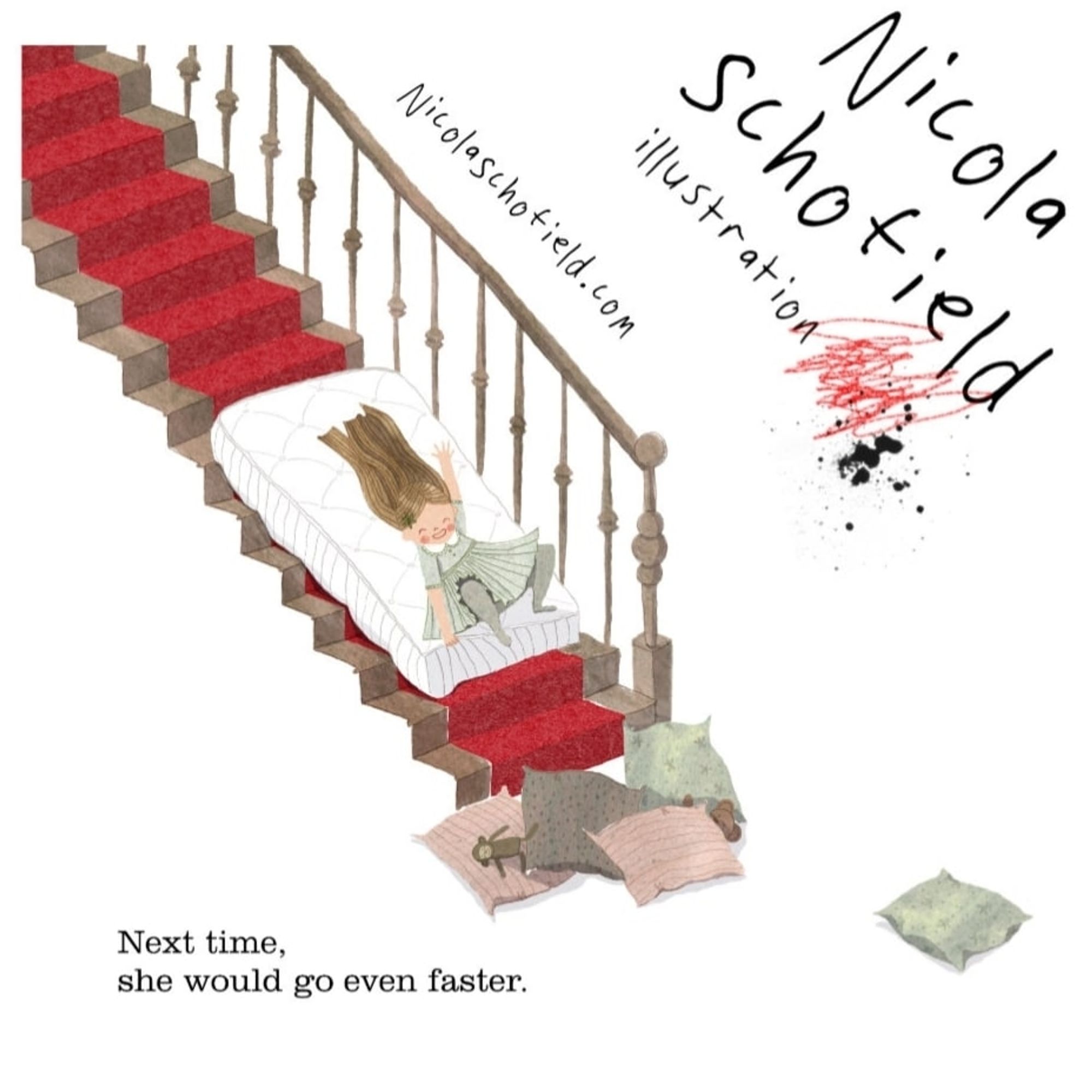 Watercolour spot illustration of a girl in a very nice dress sliding down the stairs on a mattress. Cushions and soft toys wait to catch her at the bottom.