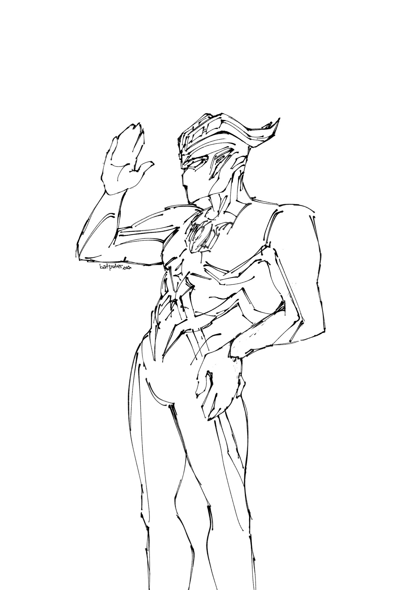 digital lineart of ultraman zero with his left hand on his hip and the other lifted up