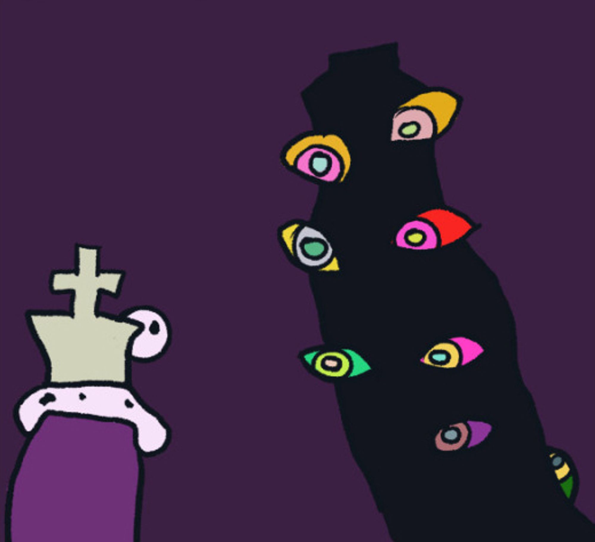 Image of a  king chess piece with an eye seen from the back wearing a purple regal gown towering above the character to the right is a blob vaguely in the shape of a queen piece with many multi colored eyes looking at him