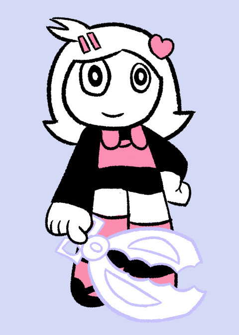 image of a girl drawn in a very inky cartoony style in black and white striped socks, pink suspenders and a black skirt and shirt with a short bob haircut and hair clips and a heart in her hair. she's holding some sort of large scissors.