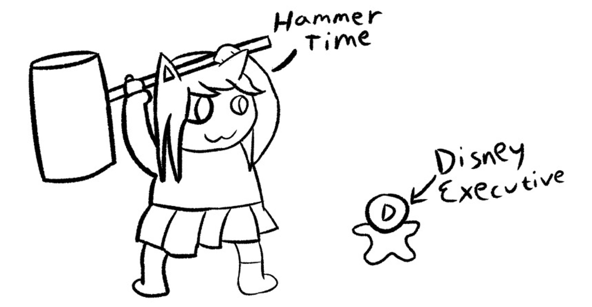 lineart of catgirl with uwu mouth with a big hammer and a small charicature of a little guy with a D for a face. It says Disney Executive next to it with an arrow pointing at it. The catgirl says "Hammer Time