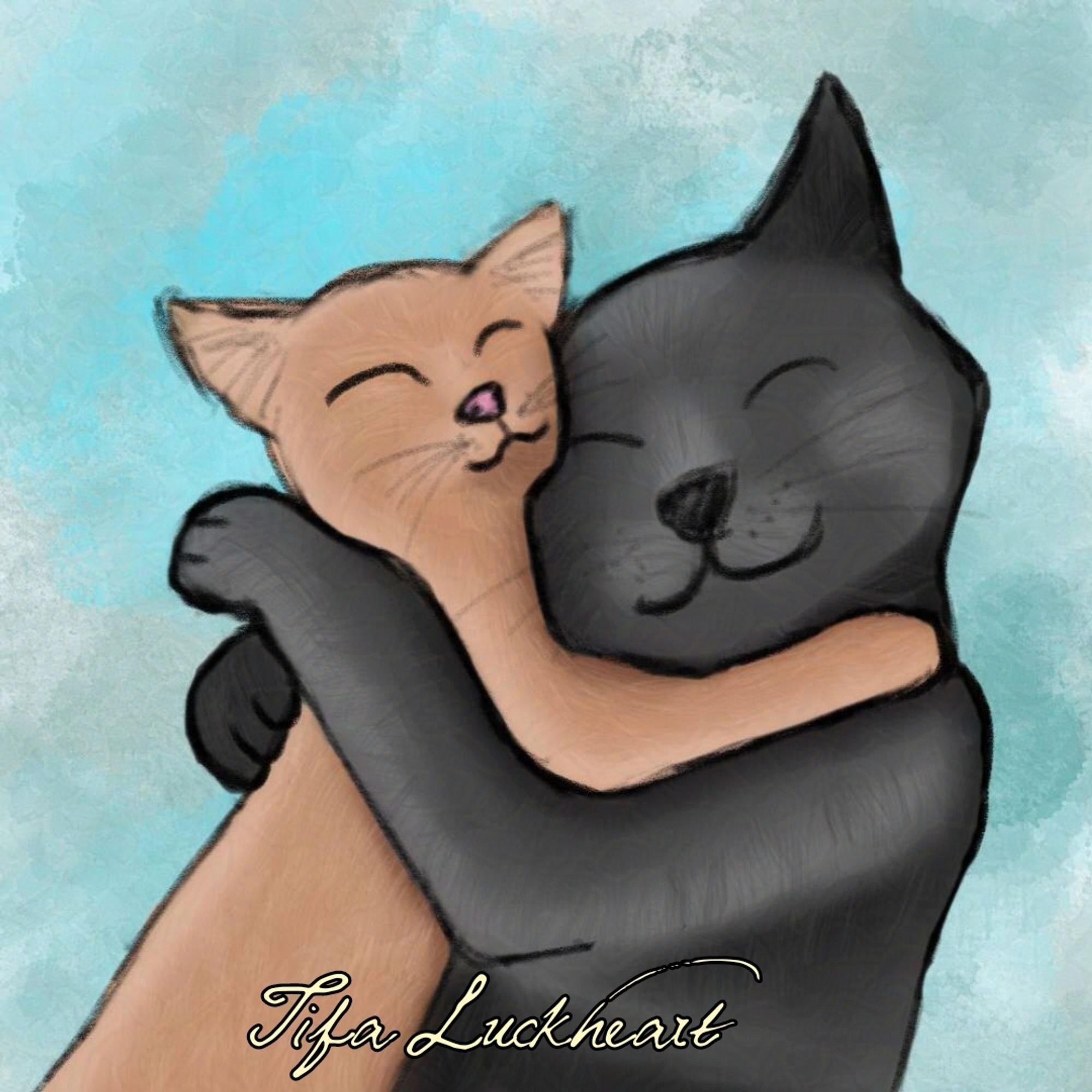 Digital drawing of two cats, a smaller orange one and a bigger black one, cuddling with their eyes closed.