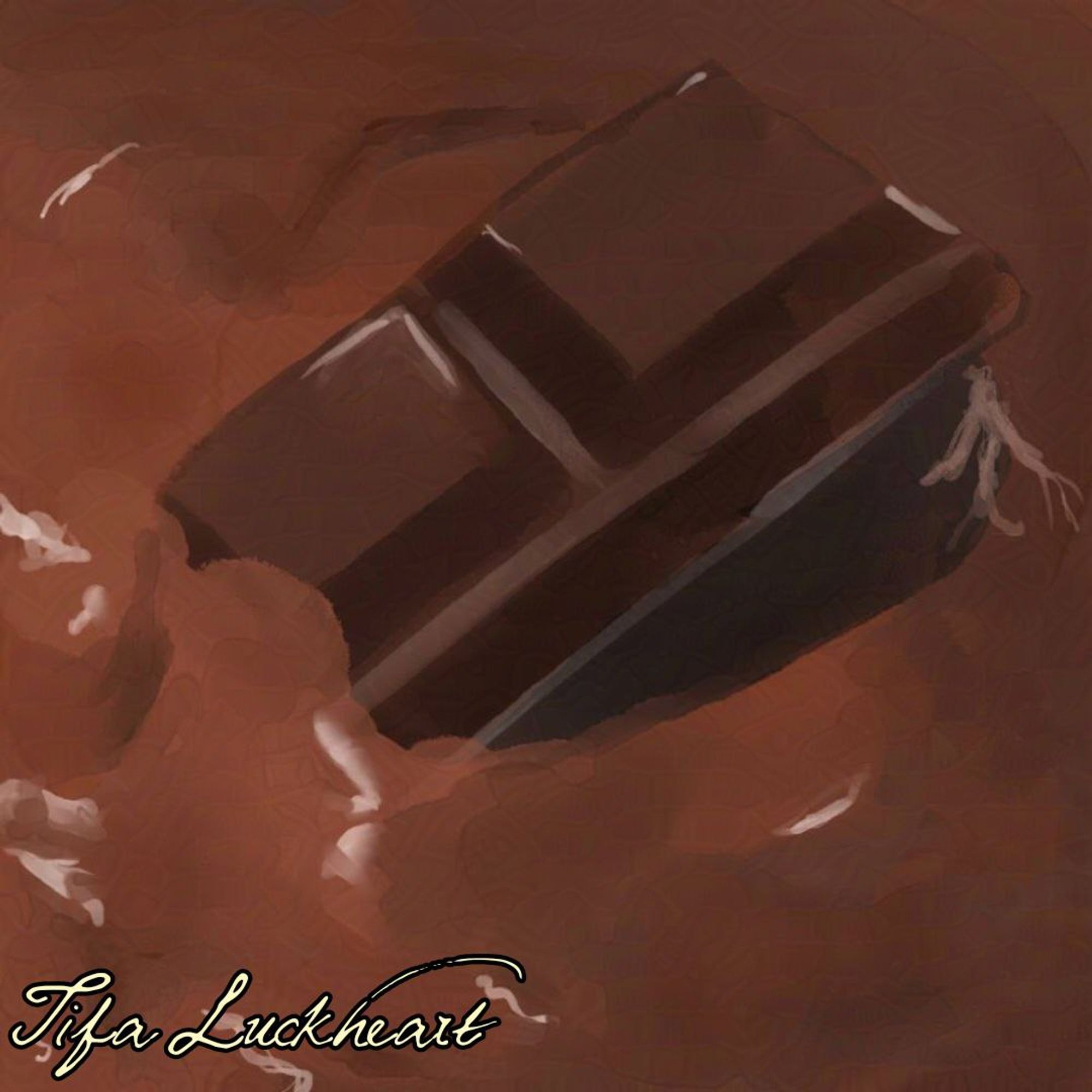 A digital drawing of a chocolate bar in liquid chocolate.