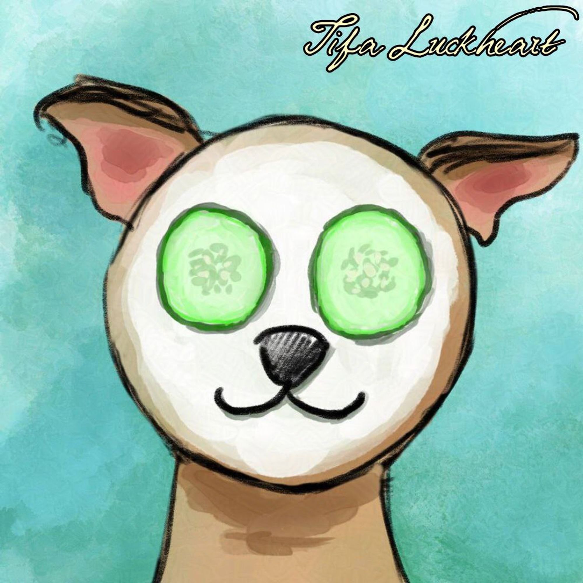 Digital drawing of a cat or dog relaxing with a face mask and two cucumber slices.