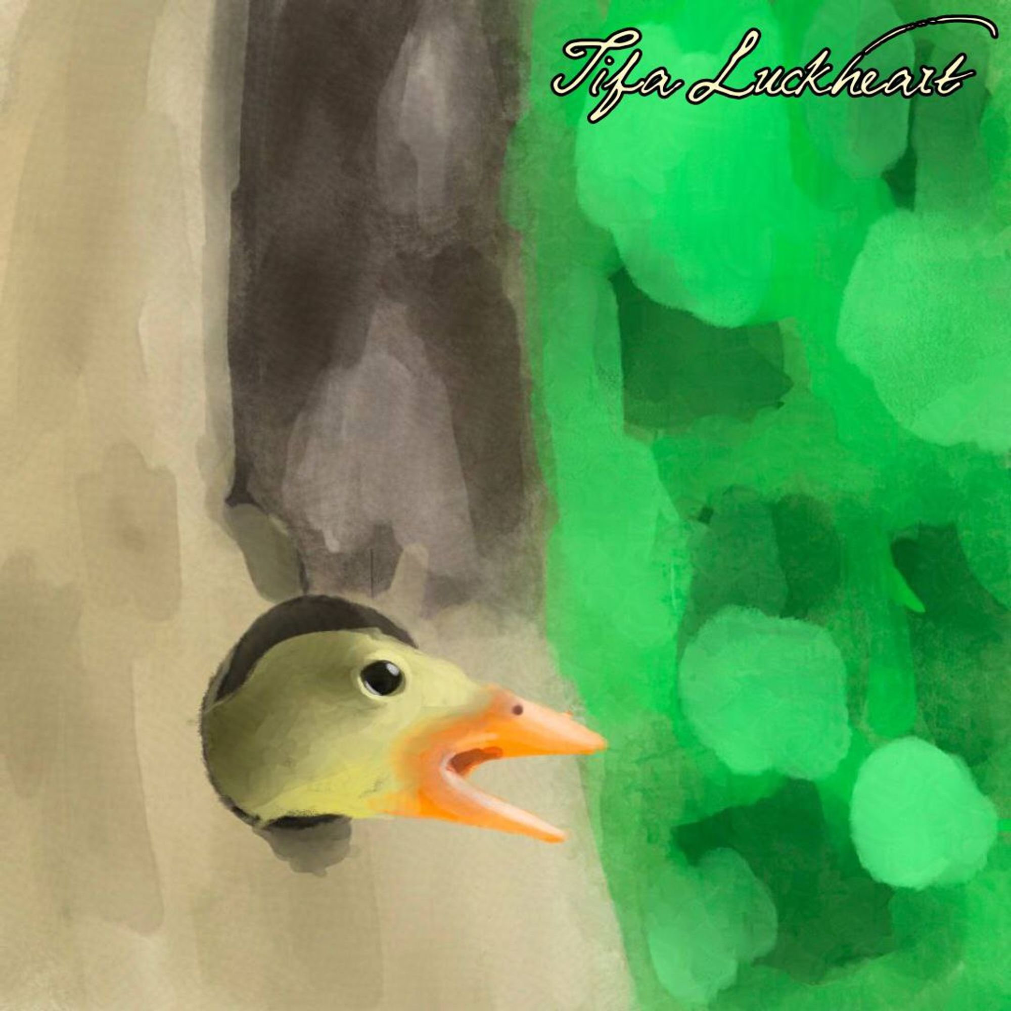 Digital drawing of a hatchling screaming and sticking out its head from a hole in a tree.