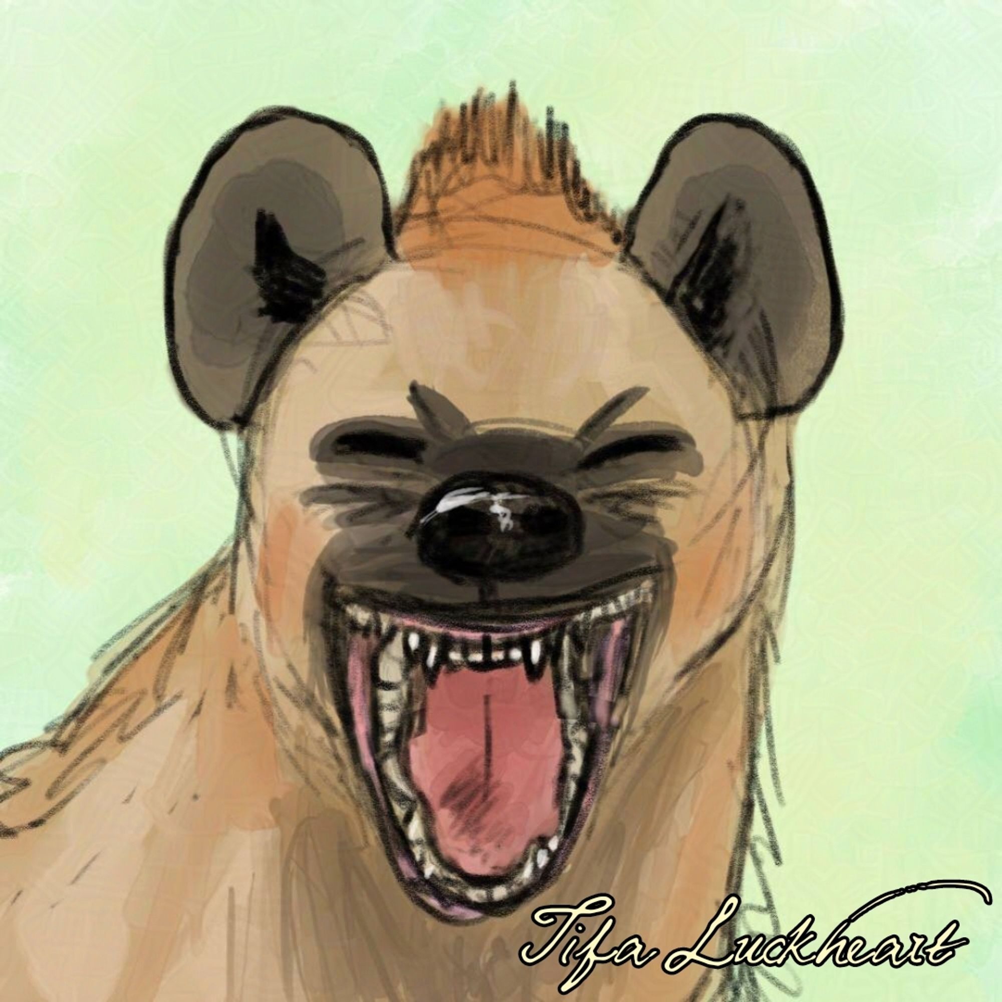 Digital drawing of a hyena's head, she is closing her eyes and opening her mouth as if laughing hard.