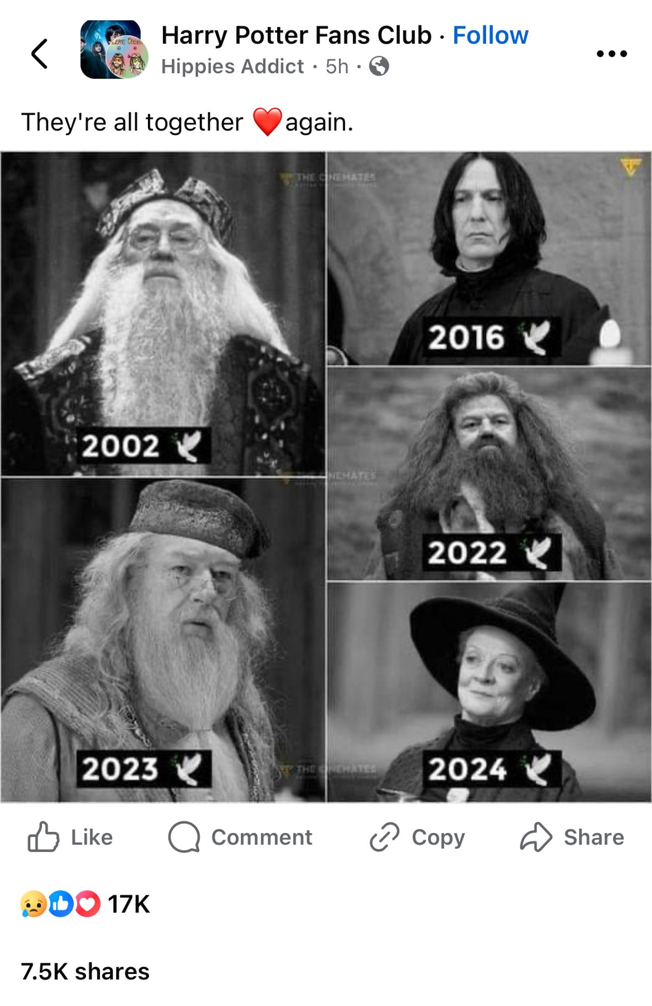 A post from a Facebook page called Harry Potter Fans Club:

“They’re all together ❤️ again”

Pictures of all the dead actors from the Harry Potter movies with the years that they died