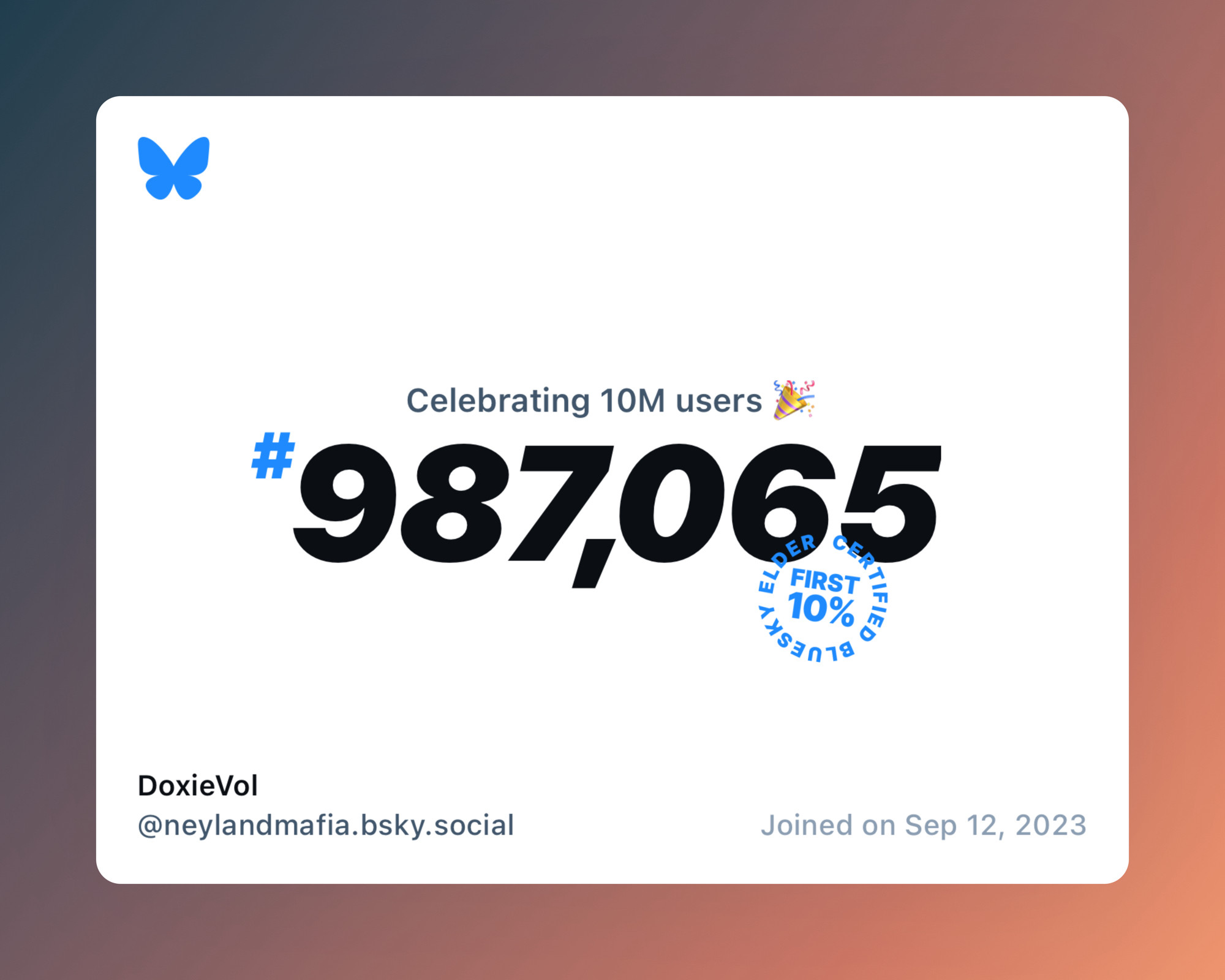 A virtual certificate with text "Celebrating 10M users on Bluesky, #987,065, DoxieVol ‪@neylandmafia.bsky.social‬, joined on Sep 12, 2023"