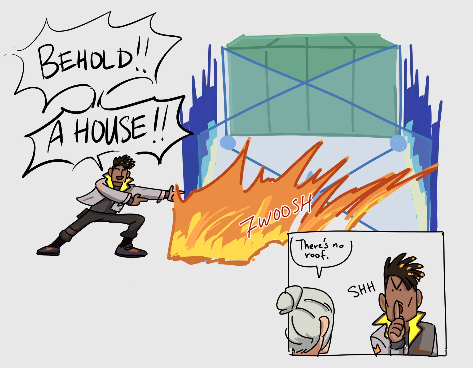 Phoenix (VALORANT) uses his flame wall to his right, creating the final front 'wall' connecting a Deadlock wall (center frame), Sage back wall, and side Neon walls.
Phoenix: "BEHOLD! A HOUSE!!"

2nd frame, Jett speaking to Phoenix: "There's no roof."
Phoenix with a finger in front of his mouth in a shushing pose, angry face: "SHH"