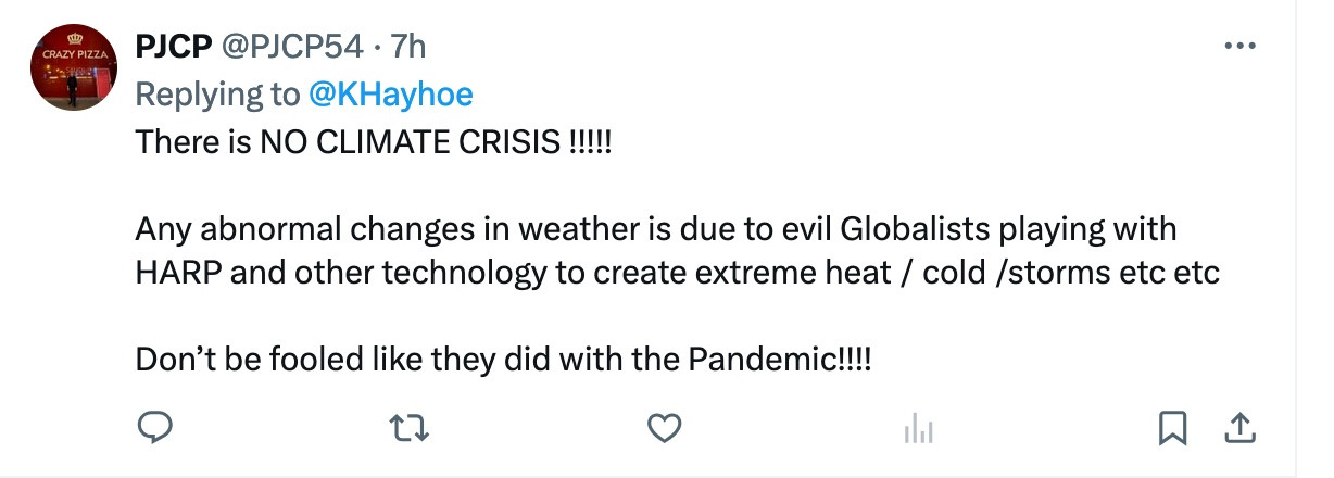 Another tweet claiming that there is no climate crisis (with six exclamation marks) and that it's HARP (sic) instead and we shouldn't be fooled like they did with the Pandemic (four exclamation marks)