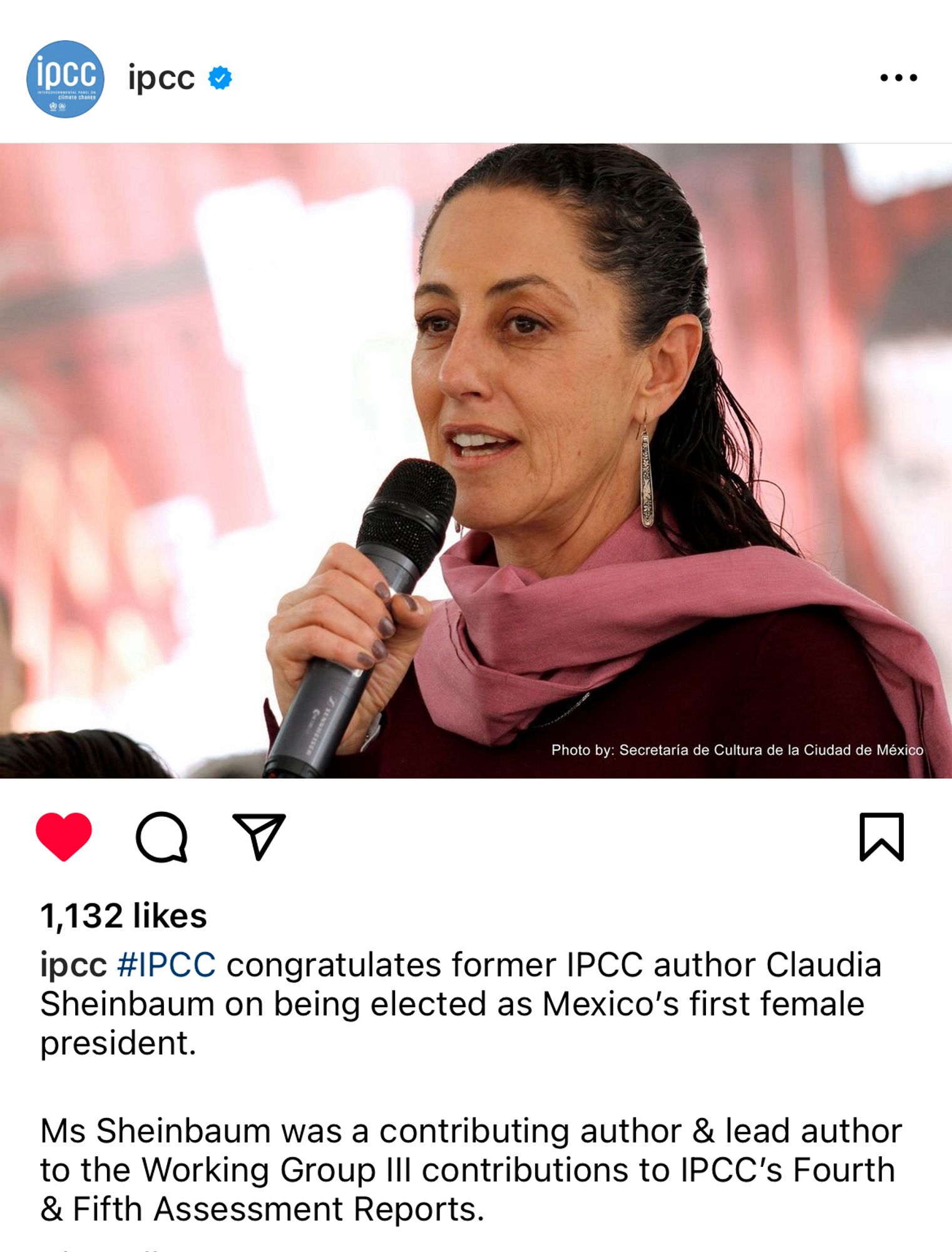 Instagram screen shot of IPCC congratulating author Claudia Sheinbaum