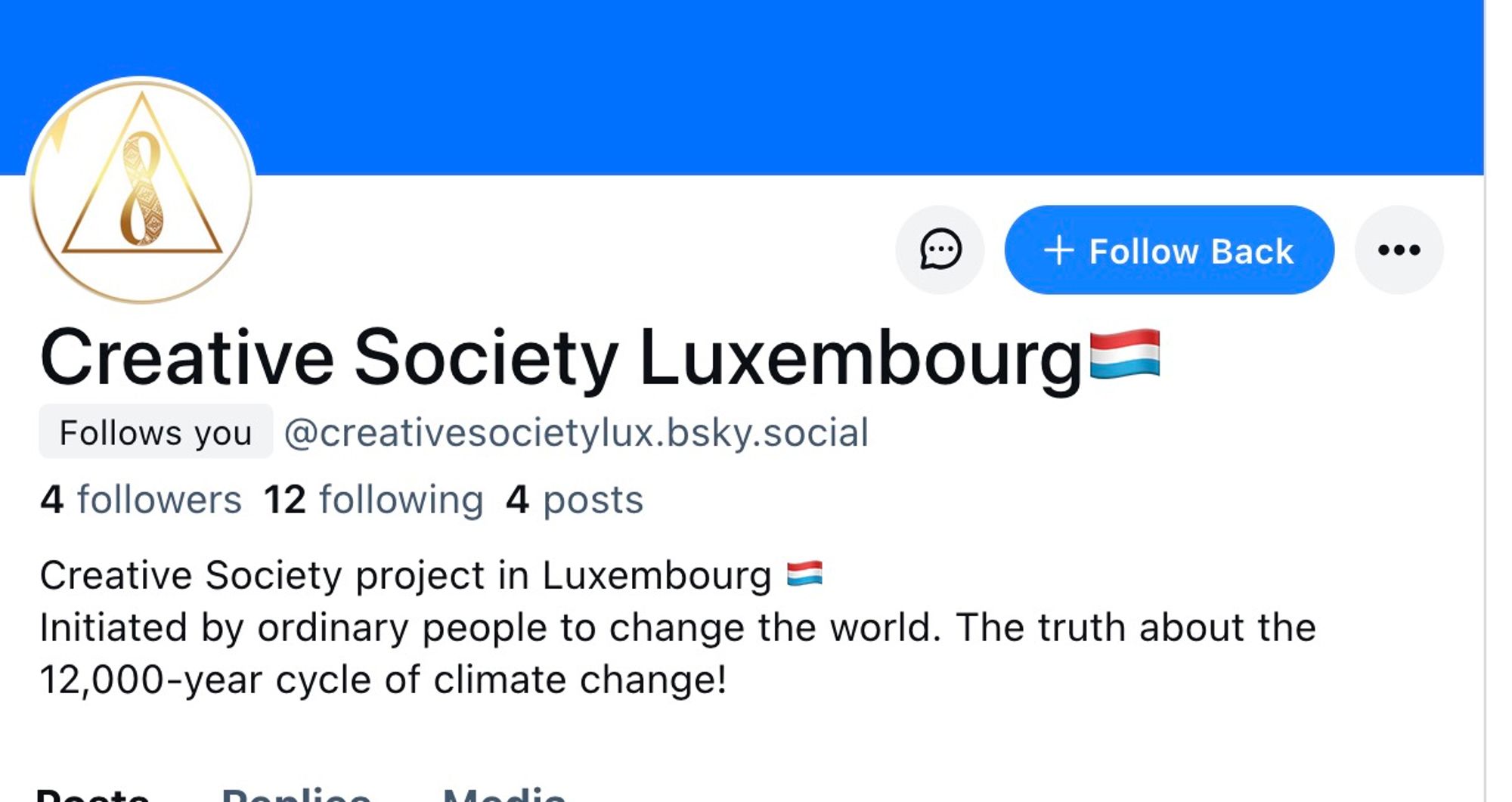 A screenshot of the creative society bluesky account, falsely claiming that climate change is a 12,000 year cycle (so humans aren't responsible, so we don't have to do anything about it).