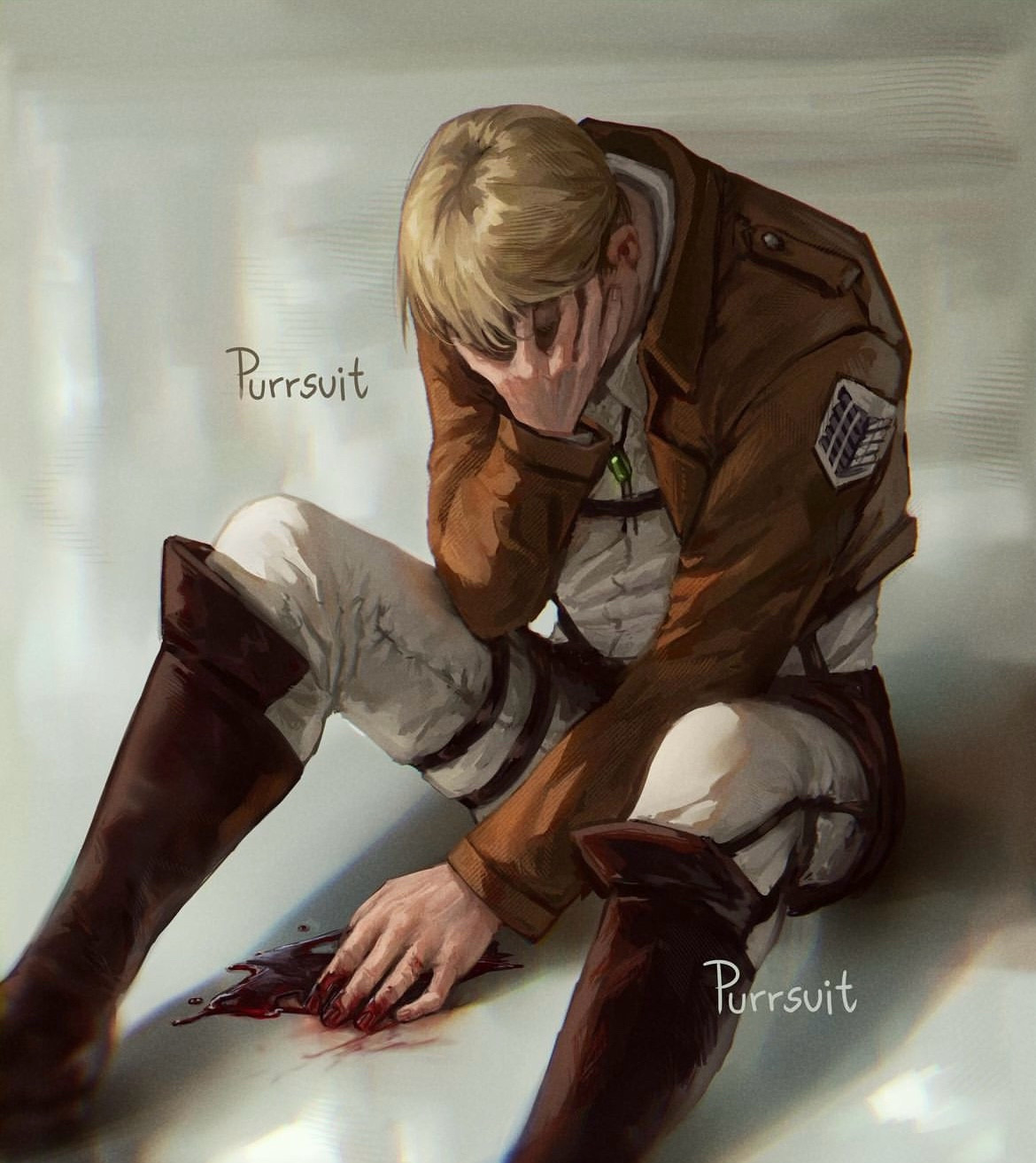 Erwin smith sitting on the floor in an empty, white void. He’s covering his face with one hand and the other hand is resting on the floor covered in blood.