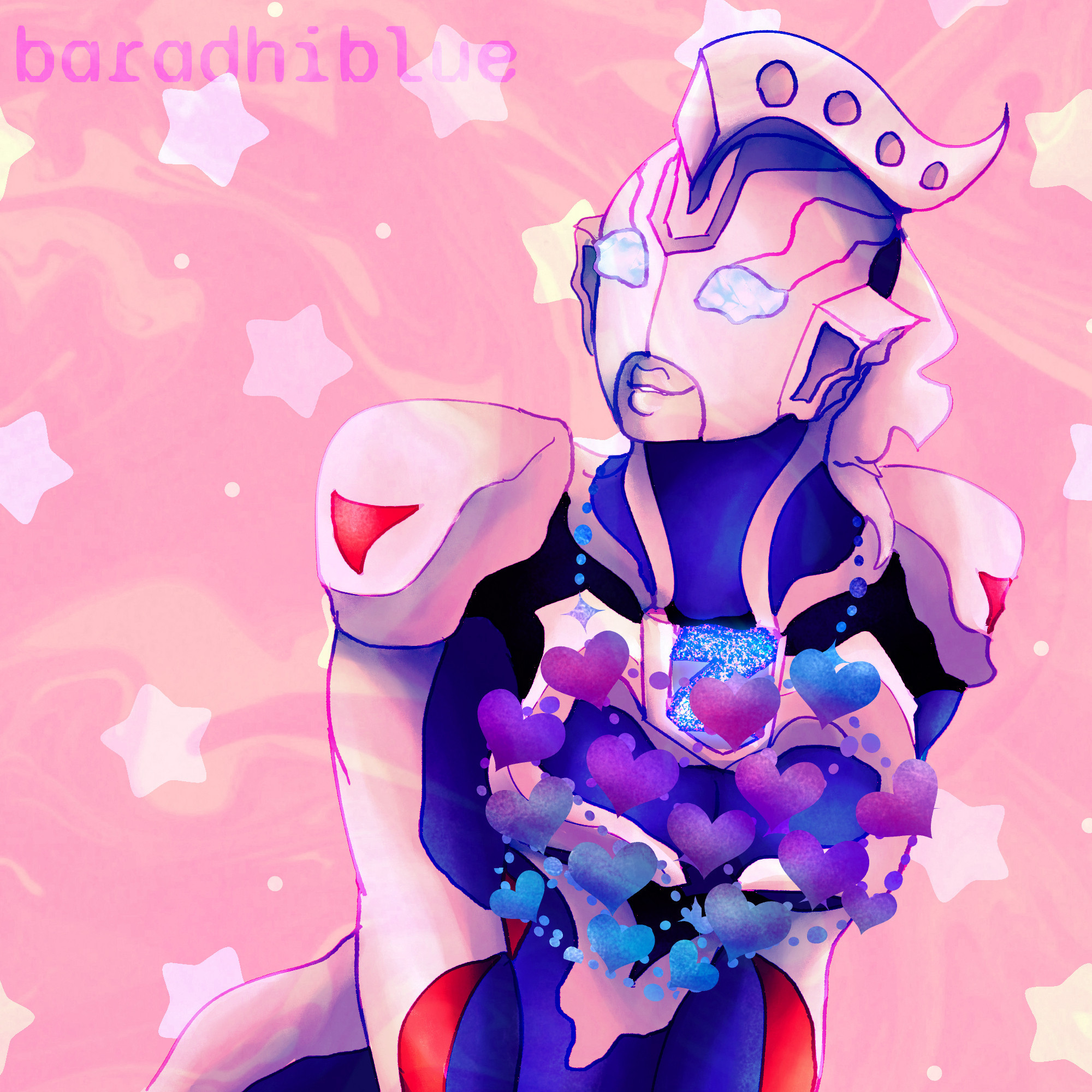 Artwork of Ultraman Zett wearing a blue and purple rave top made of little metal hearts on chains.