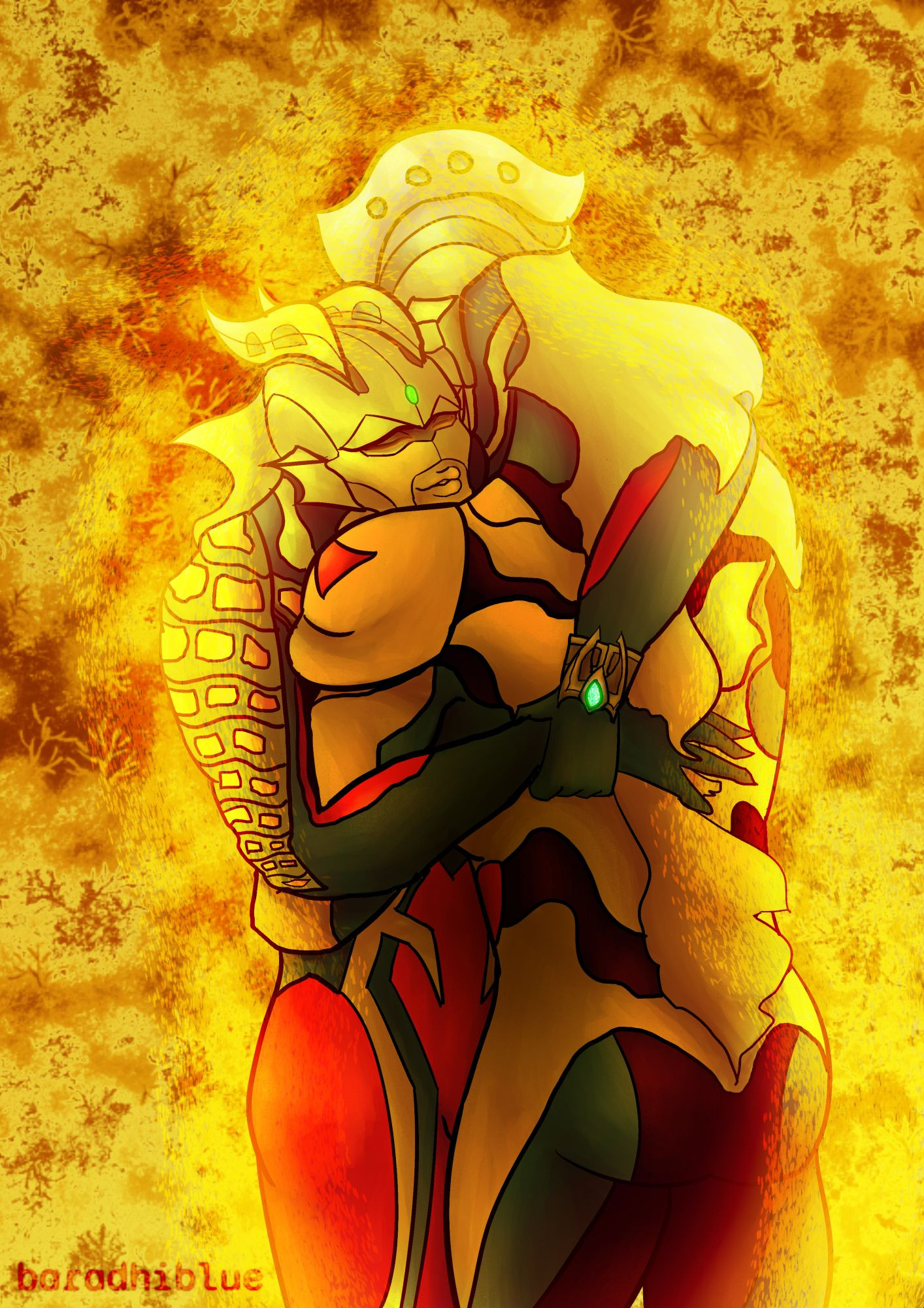 Artwork of Ultraman Zero and Ultraman Zett hugging tenderly in a warm glow.