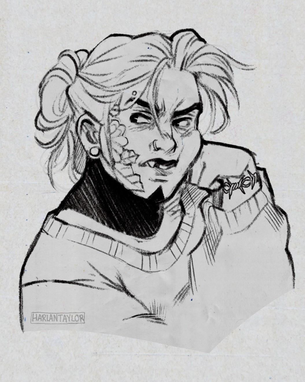 

A sketch of a character wearing a messy bun and long sleeved shirt, making a disgusted face. He has a nose ring, an eyebrow piercing, and a floral tattoo on his face. He has pronounced canines and is missing a front tooth. On his wrist is a barbed wire tattoo.