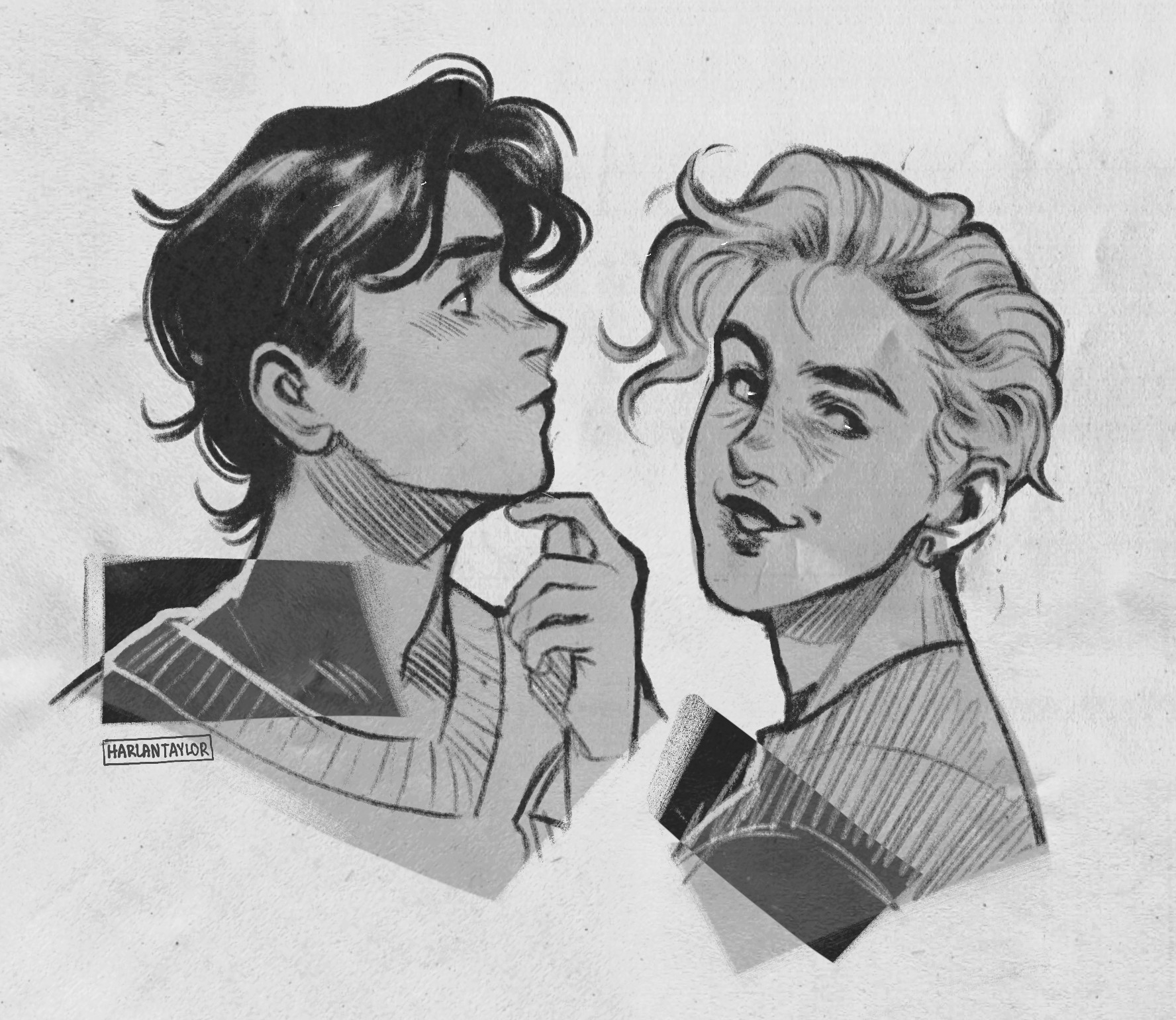 Sketches of twins, Ben and Leo. Benny has dark hair and appears to look pensively into the distance. Leo, who has bleached hair with darker roots, a septum ring, and a hoop earring, happily looks behind his shoulder.