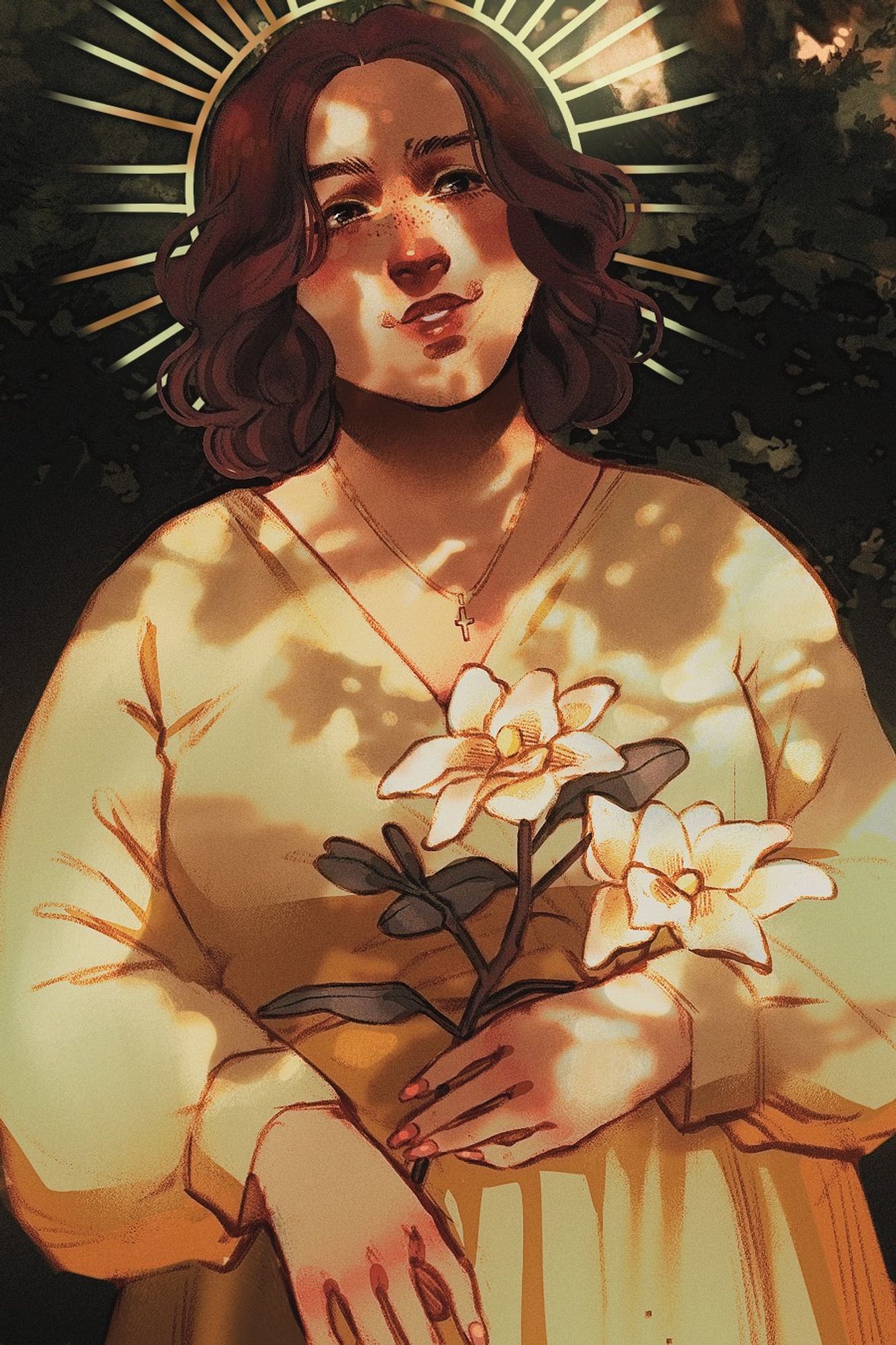 A larger woman with brown curly hair smiles and holds magnolia flowers beneath the shadow of a tree. She wears a yellow dress and cross necklace; a halo shines behind her head.