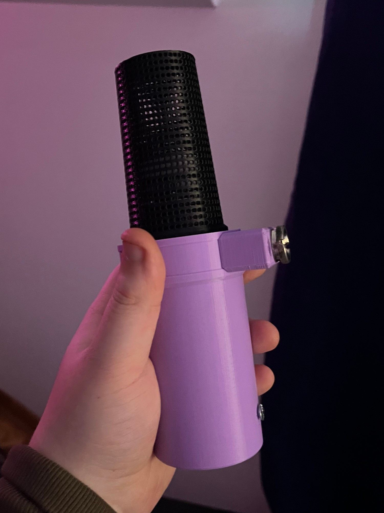 A pastel lilac colored 3d printed sm7b microphone