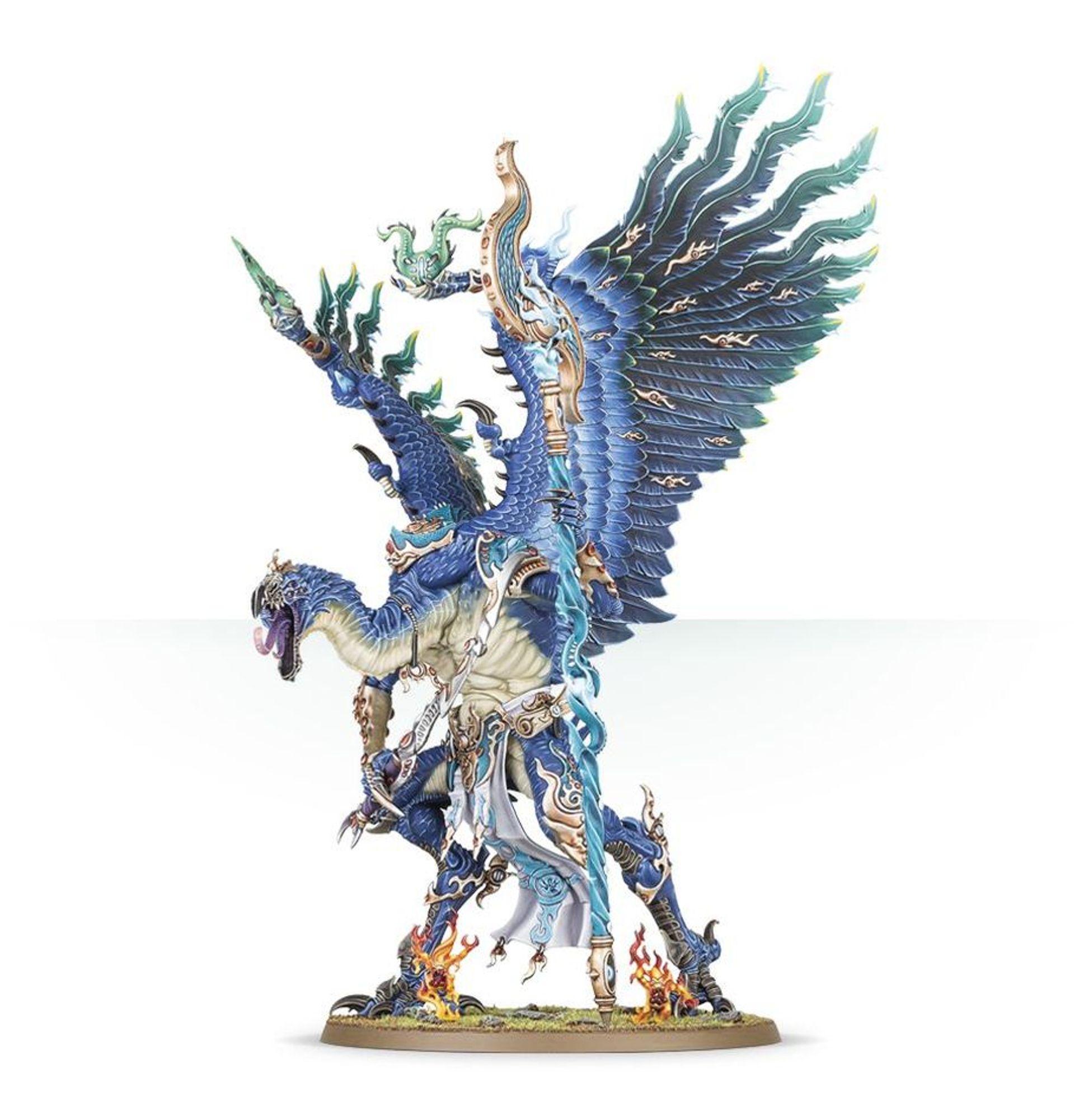 Photo of a Lord of Change model from Warhammer 40k (big blue feathered bird demon with wings, a sword and a mystical blue staff)