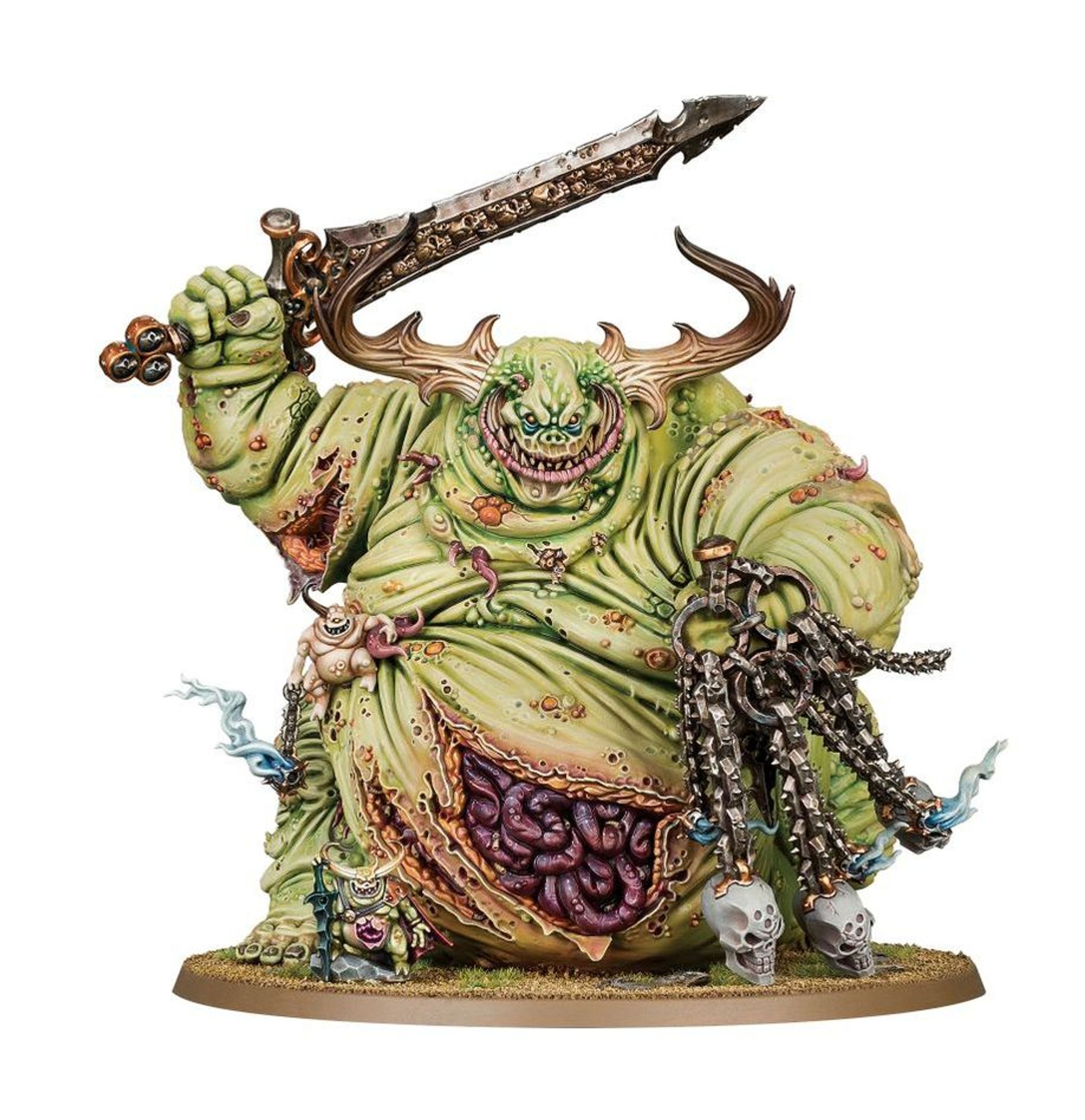 Photo of a Great Unclean One model from Warhammer 40k (big green horned plague demon with a giant rusty sword and a weird skull chain whip)