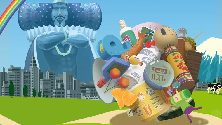 Artwork from Katamari Damacy featuring the tiny player character The Prince of All Cosmos rolling a pile of junk far larger than himself. In the background are green fields, cows, a city, mountains, and above it all towers his father, the flamoyantly dressed King of All Cosmos