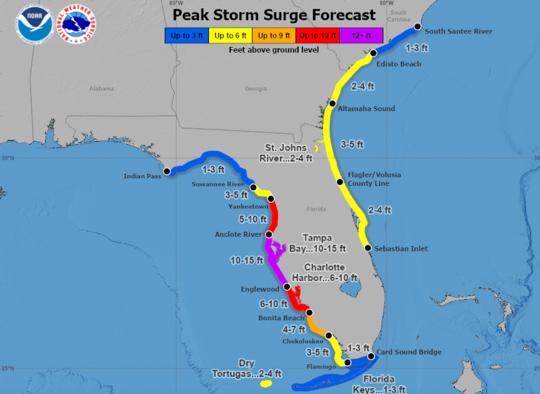 NHC map of Florida showing a stretch of purple around Tampa where storm surge could reach 10-15 feet, with slightly less to the north and south