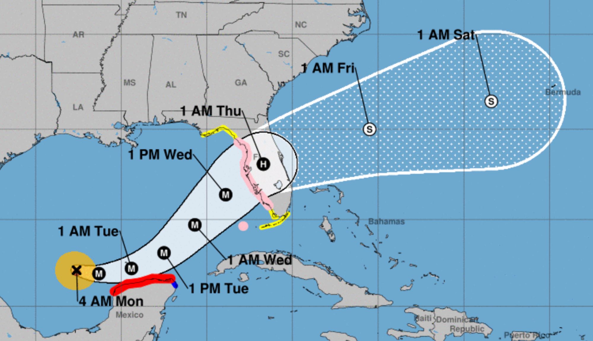 National Hurricane Center map showing the Gulf of Mexico where Milton is currently, and its projected path across Florida, with pink representing a hurricane watch for much of the west coast of the state