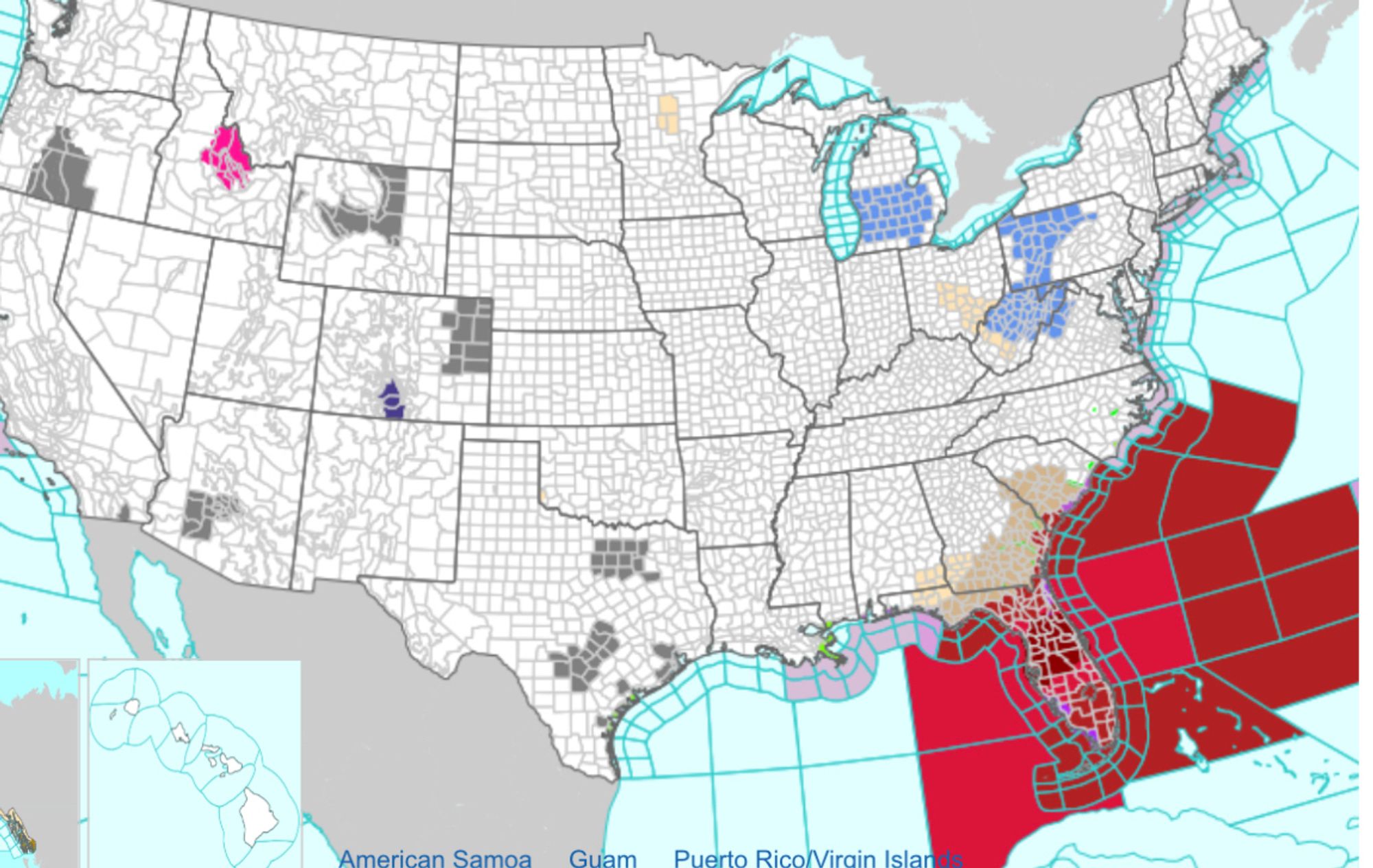 National weather service map of the US showing all of Florida and the surrounding ocean all in deep red