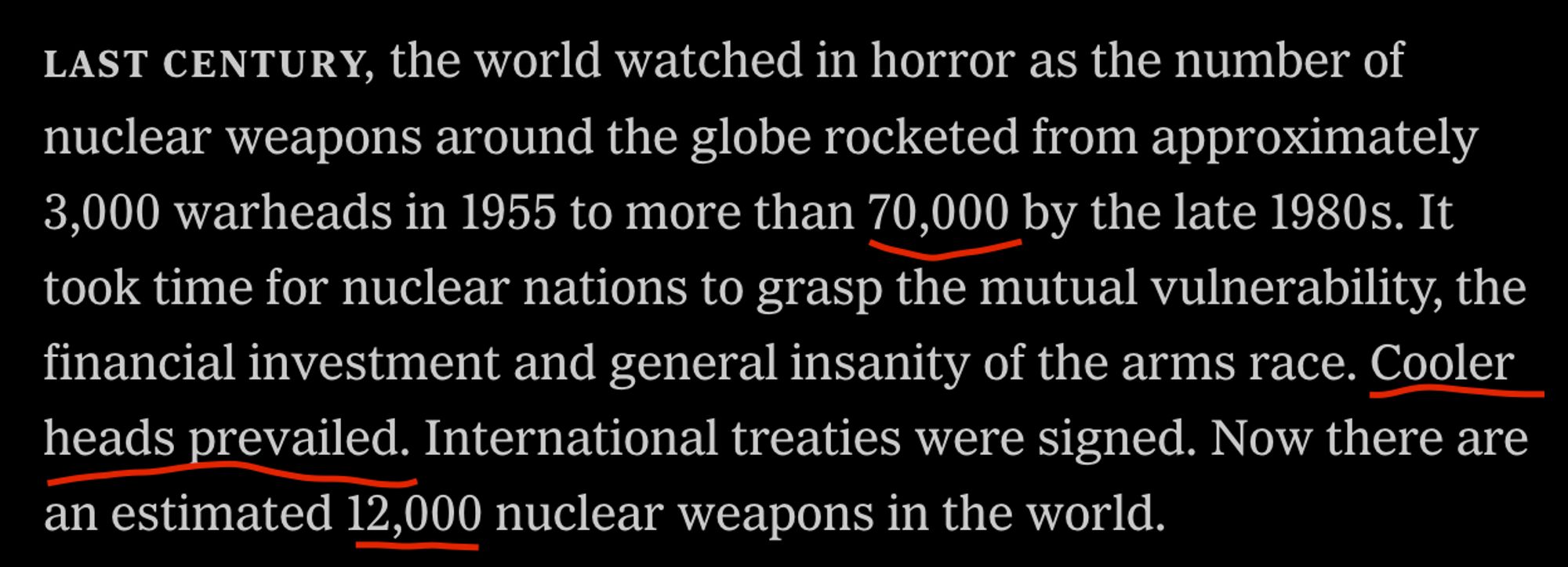 Last century, the world watched in horror as the number of nuclear weapons around the globe rocketed from approximately 3,000 warheads in 1955 to more than 70,000 by the late 1980s. It took time for nuclear nations to grasp the mutual vulnerability, the financial investment and general insanity of the arms race. Cooler heads prevailed. International treaties were signed. Now there are an estimated 12,000 nuclear weapons in the world.