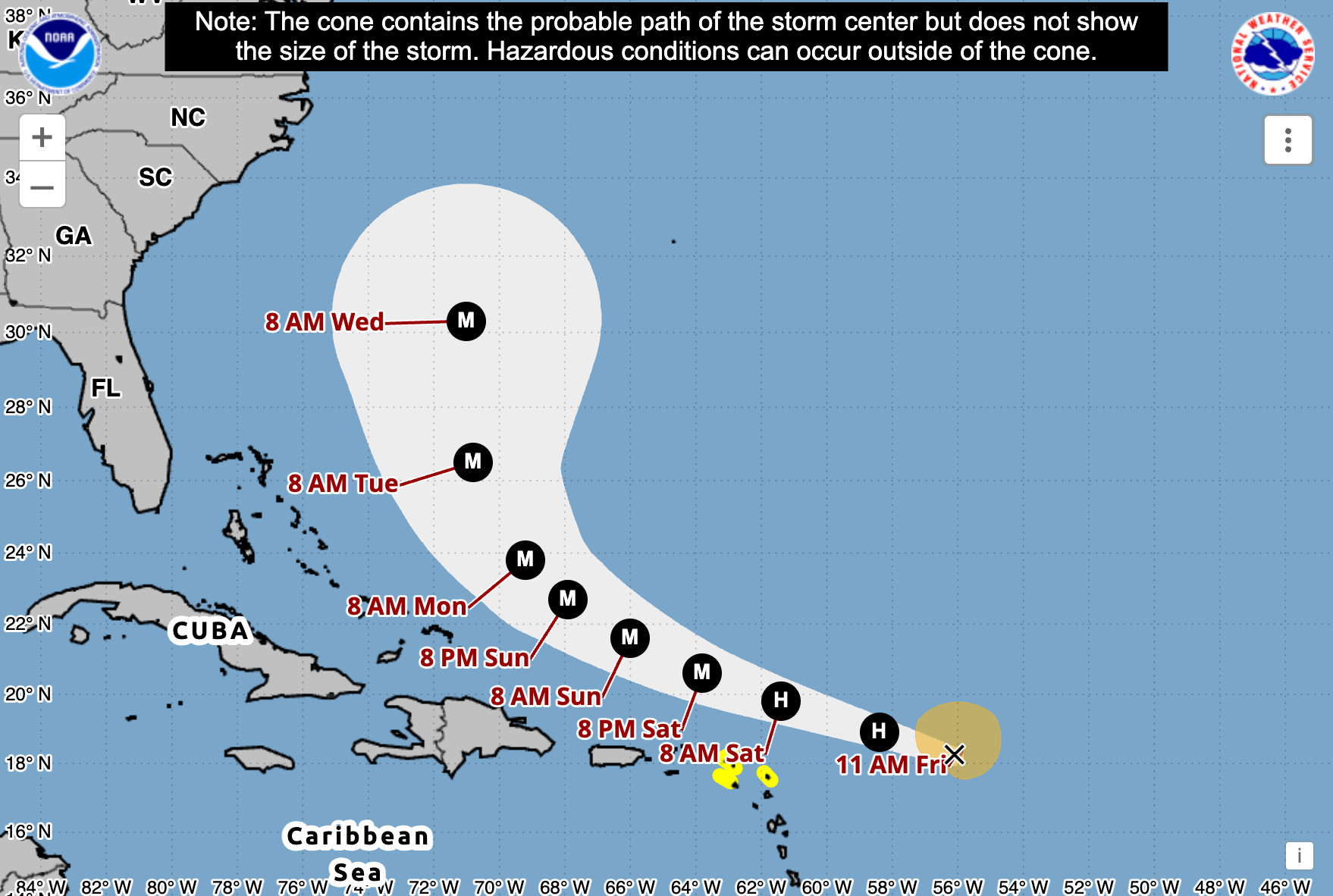 National Hurricane Center map showing the projected track for Hurricane Erin, likely to track north of islands and turn north away from the US coast