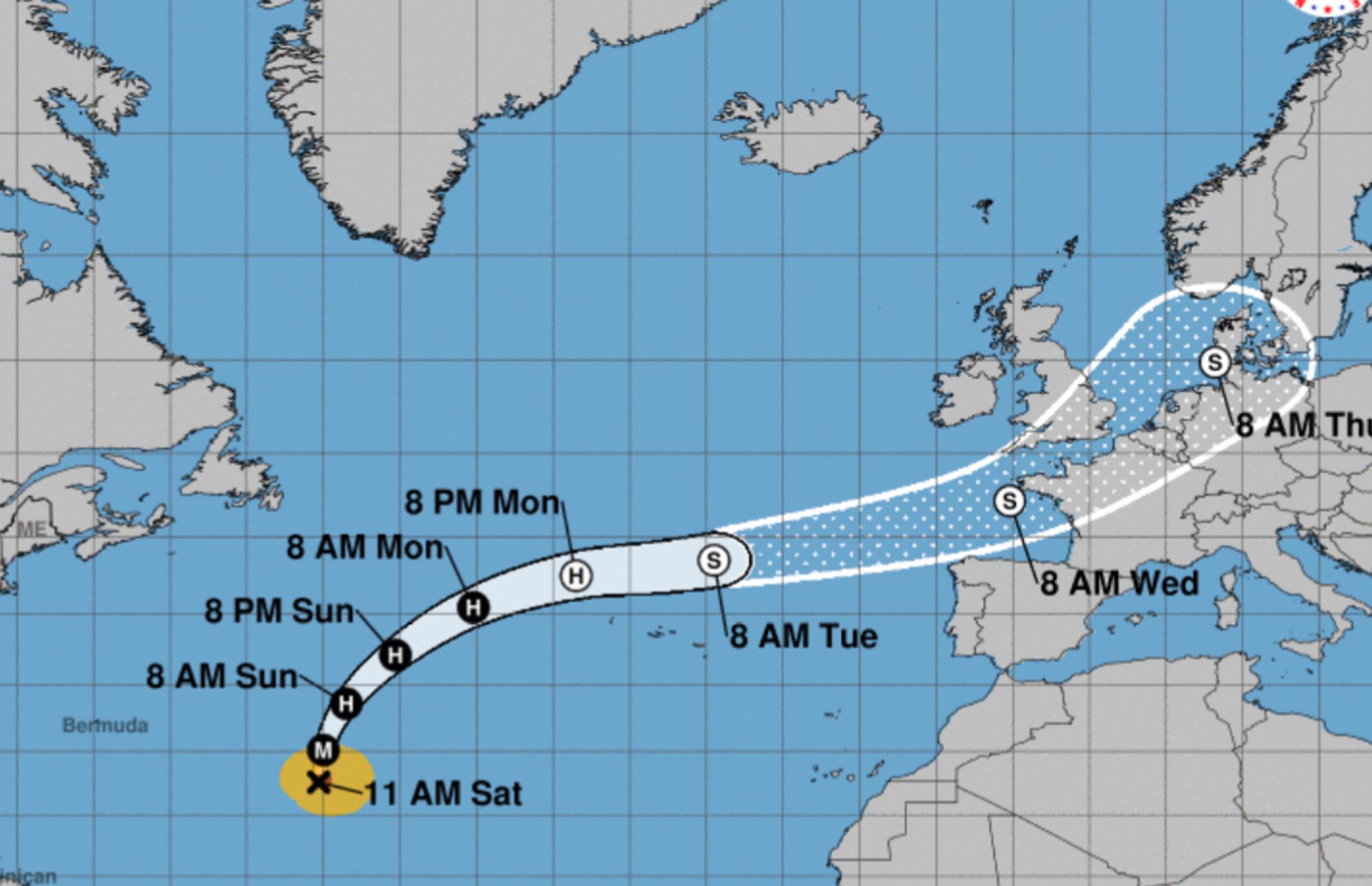 NHC map showing Kirk’s path across the Atlantic toward Europe