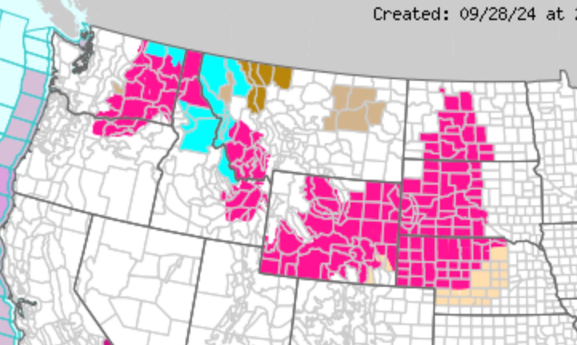 National Weather Service map of the northwest US showing a lot of bright pink for red flag warnings