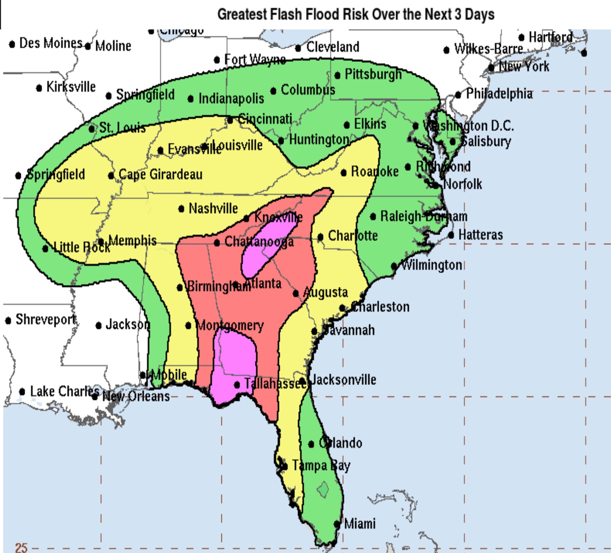 NHC map of the southeast showing flash flood risk over the next three days, with high and very high risk in parts of the Florida panhandle, most of Georgia, and into Tennessee and the Carolinas