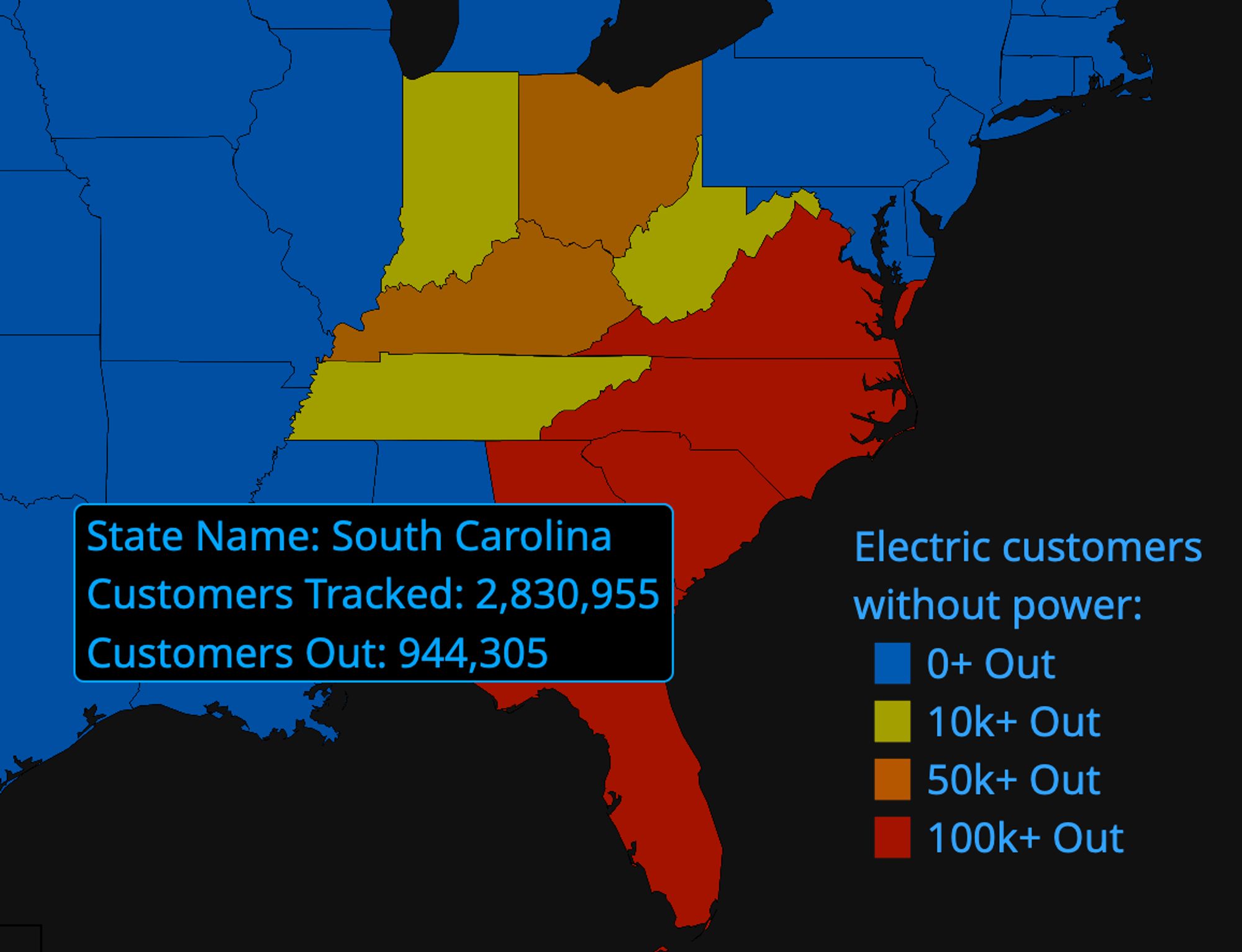 Power outages map of the eastern US showing several states still in red (100k+ out) and others in yellow and orange, with 944,305 of 2,830,955 SC customers out