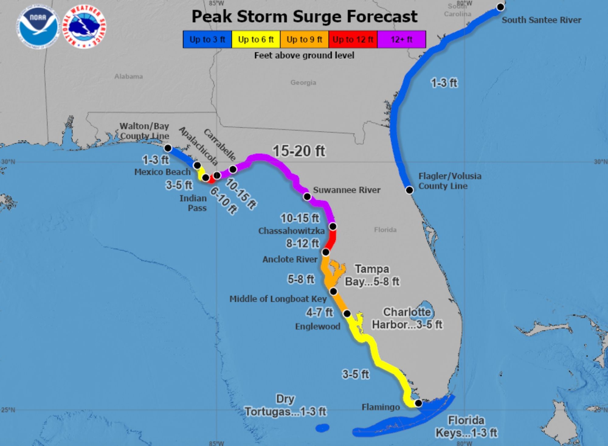 NHC map of the Florida coast showing peak storm surge forecast, including 15-20 feet across much of the Big Bend region and still high numbers to either side of it