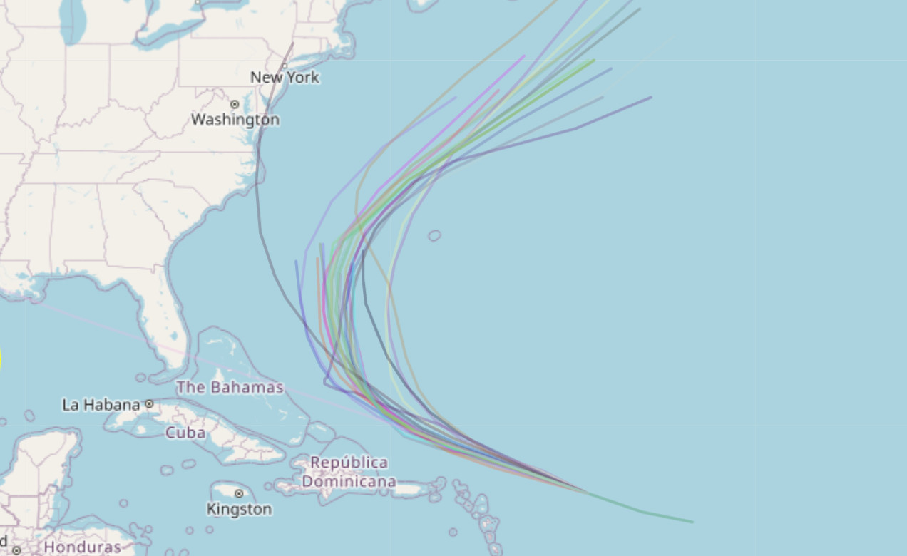 Spaghetti models for Erin, with all but one showing it turning hard right to the north and then east, missing land