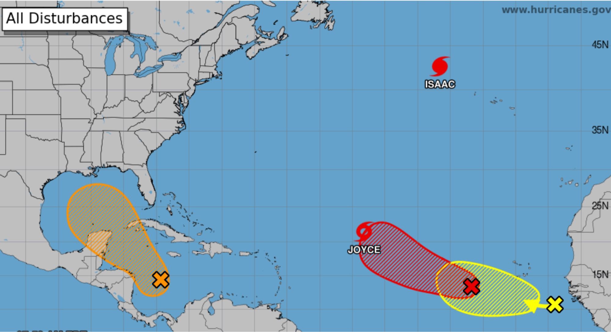 National Hurricane Center map of the Atlantic showing five “disturbances” spread across the basin including Isaac, Joyce, and three unnamed systems