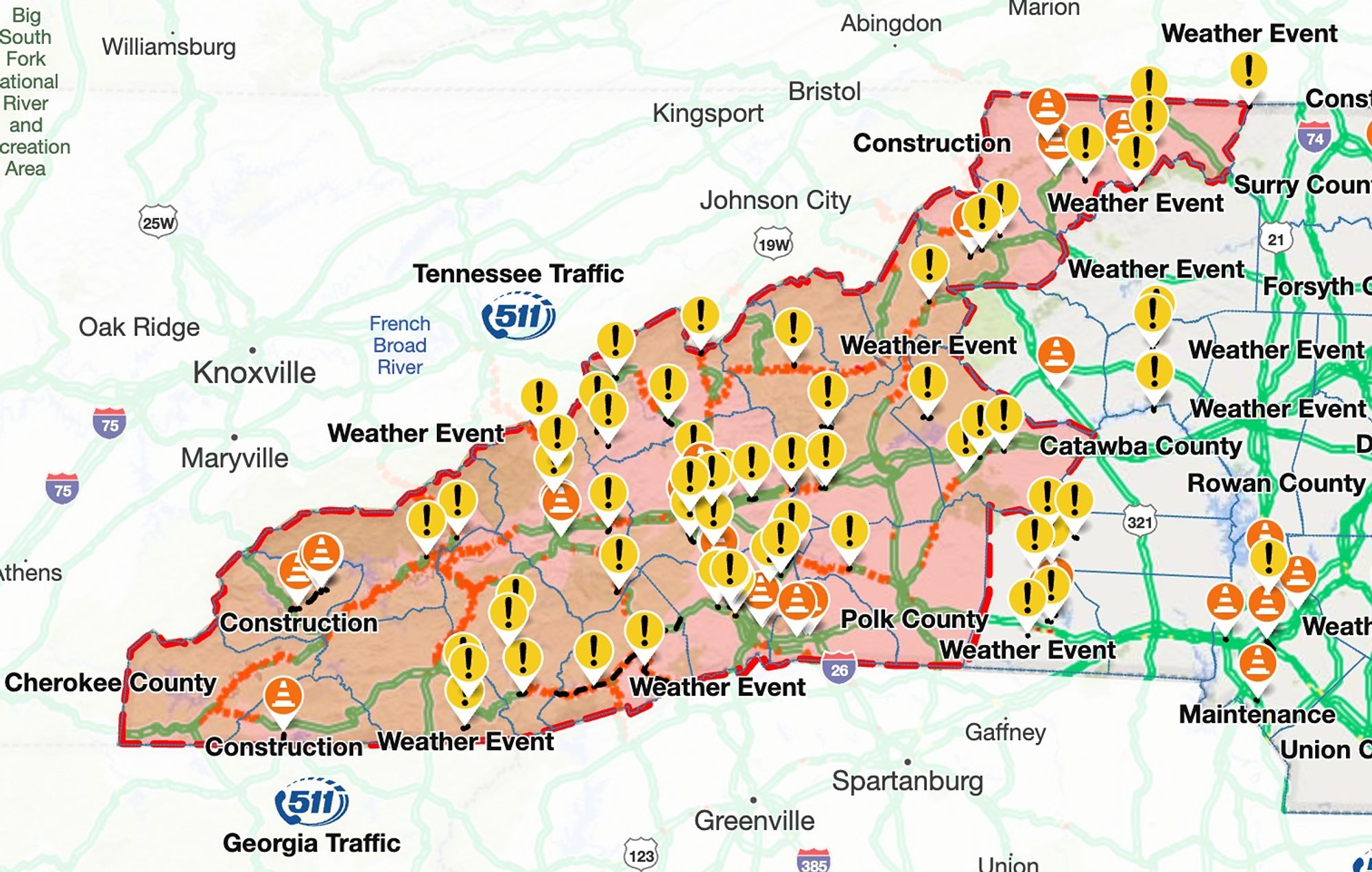 Map of western North Carolina showing lots of yellow and black exclamation points indicating road closures and incidents