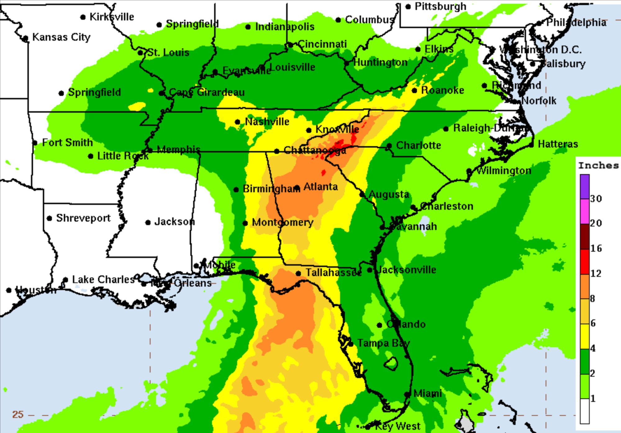 National Hurricane Center map of the southeast US showing the rainfall potential from Helene, with a bit of dark orange or red around the borders of North and South Carolina, Georgia, and Tennessee