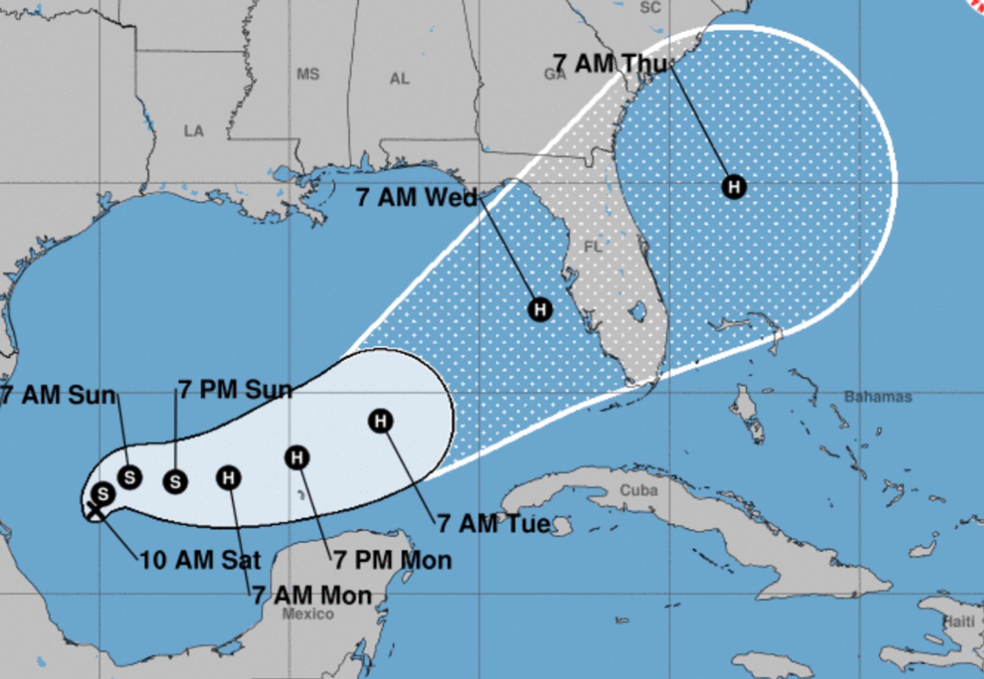 National Hurricane Center map of the Gulf of Mexico showing the projected path of a storm set to hit Florida as a hurricane on Wednesday