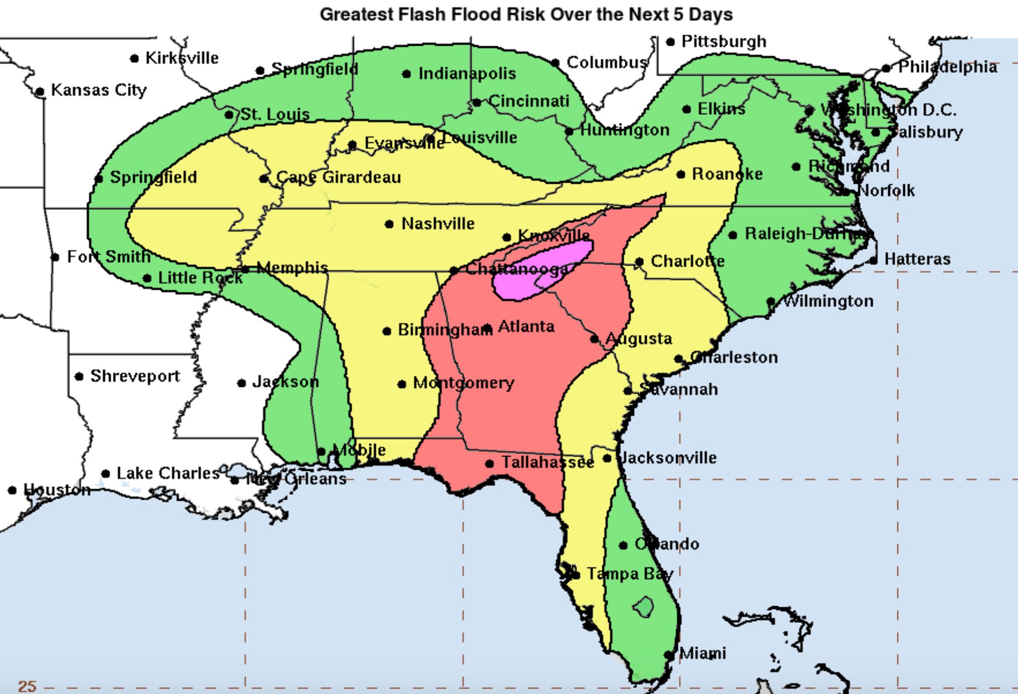 NHC map showing the greatest flash flood risk over the next 5 days, with an area of pink representing "high: at least 70%" in that Carolinas/Georgia region